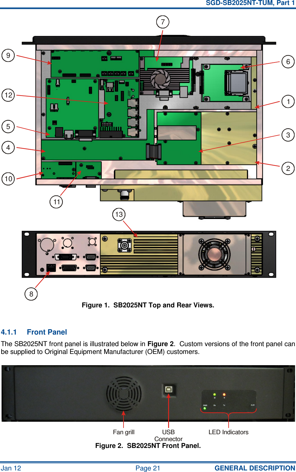   SGD-SB2025NT-TUM, Part 1 Jan 12  Page 21  GENERAL DESCRIPTION Figure 1.  SB2025NT Top and Rear Views.  4.1.1  Front Panel The SB2025NT front panel is illustrated below in Figure 2.  Custom versions of the front panel can be supplied to Original Equipment Manufacturer (OEM) customers. Figure 2.  SB2025NT Front Panel. 12345678910111213LED IndicatorsUSBConnectorFan grill