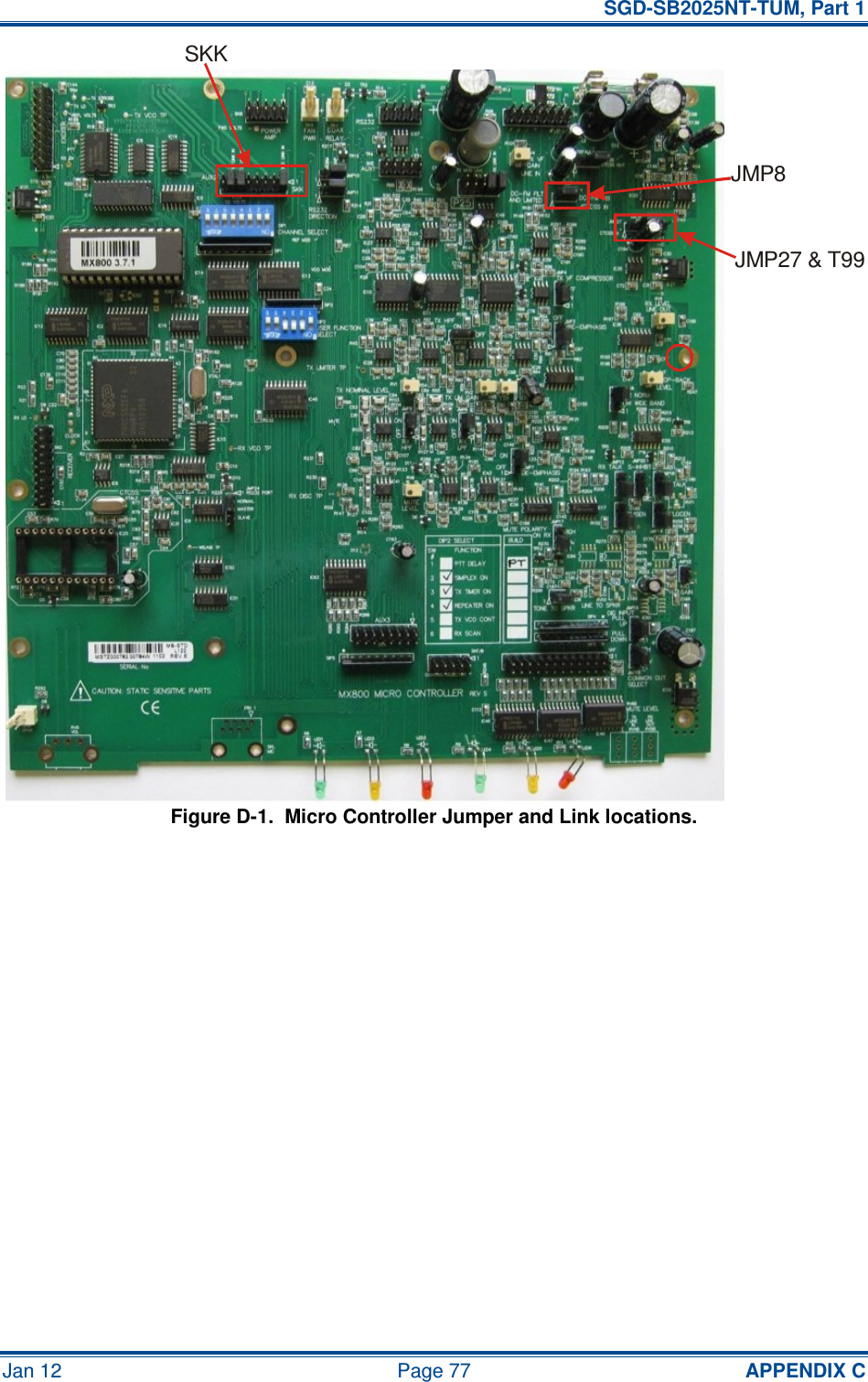  SGD-SB2025NT-TUM, Part 1 Jan 12  Page 77  APPENDIX C Figure D-1.  Micro Controller Jumper and Link locations.       JMP8JMP27 &amp; T99SKK