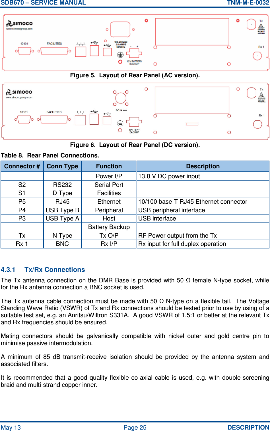 SDB670 – SERVICE MANUAL  TNM-M-E-0032 May 13  Page 25  DESCRIPTION Figure 5.  Layout of Rear Panel (AC version). Figure 6.  Layout of Rear Panel (DC version). Table 8.  Rear Panel Connections. Connector # Conn Type Function  Description     Power I/P  13.8 V DC power input S2  RS232  Serial Port   S1  D Type  Facilities   P5  RJ45  Ethernet  10/100 base-T RJ45 Ethernet connector P4  USB Type B Peripheral  USB peripheral interface P3  USB Type A Host  USB interface     Battery Backup   Tx  N Type  Tx O/P  RF Power output from the Tx Rx 1  BNC  Rx I/P  Rx input for full duplex operation  4.3.1  Tx/Rx Connections The Tx antenna connection on the DMR Base is provided with 50 Ω female N-type socket, while for the Rx antenna connection a BNC socket is used. The Tx antenna cable connection must be made with 50 Ω N-type on a flexible tail.  The Voltage Standing Wave Ratio (VSWR) of Tx and Rx connections should be tested prior to use by using of a suitable test set, e.g. an Anritsu/Wiltron S331A.  A good VSWR of 1.5:1 or better at the relevant Tx and Rx frequencies should be ensured. Mating  connectors  should  be  galvanically  compatible  with  nickel  outer  and  gold  centre  pin  to minimise passive intermodulation. A  minimum  of  85  dB  transmit-receive  isolation  should  be  provided  by  the  antenna  system  and associated filters. It is recommended  that  a  good  quality flexible co-axial cable  is  used,  e.g.  with double-screening braid and multi-strand copper inner. 