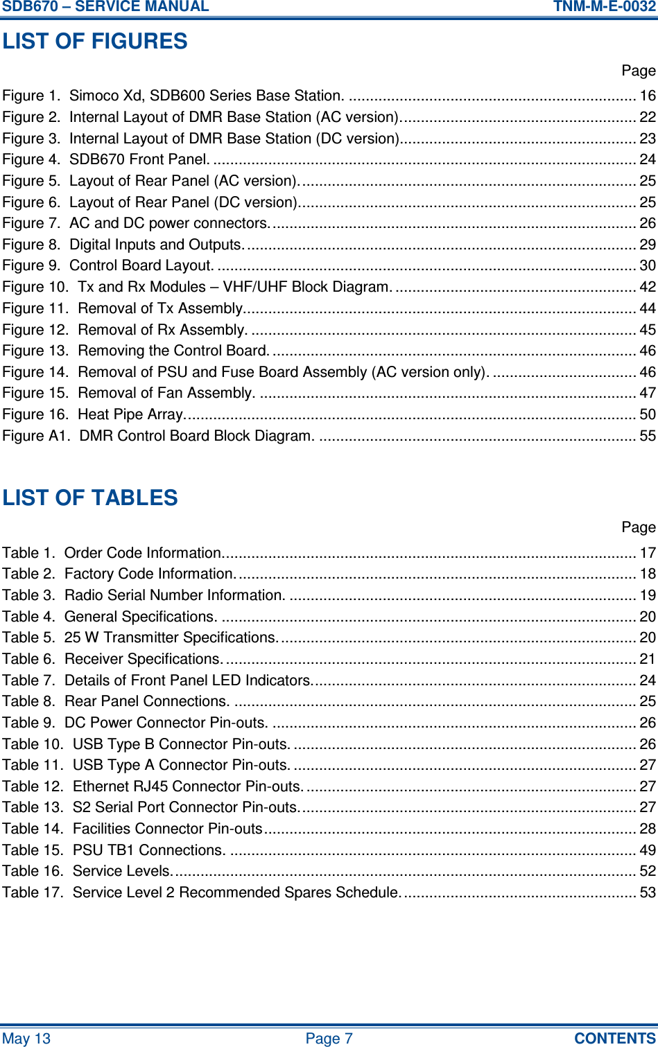 SDB670 – SERVICE MANUAL  TNM-M-E-0032 May 13  Page 7  CONTENTS LIST OF FIGURES   Page Figure 1.  Simoco Xd, SDB600 Series Base Station. .................................................................... 16 Figure 2.  Internal Layout of DMR Base Station (AC version)........................................................ 22 Figure 3.  Internal Layout of DMR Base Station (DC version)........................................................ 23 Figure 4.  SDB670 Front Panel. .................................................................................................... 24 Figure 5.  Layout of Rear Panel (AC version)................................................................................ 25 Figure 6.  Layout of Rear Panel (DC version)................................................................................ 25 Figure 7.  AC and DC power connectors....................................................................................... 26 Figure 8.  Digital Inputs and Outputs............................................................................................. 29 Figure 9.  Control Board Layout. ................................................................................................... 30 Figure 10.  Tx and Rx Modules – VHF/UHF Block Diagram. ......................................................... 42 Figure 11.  Removal of Tx Assembly............................................................................................. 44 Figure 12.  Removal of Rx Assembly. ........................................................................................... 45 Figure 13.  Removing the Control Board. ...................................................................................... 46 Figure 14.  Removal of PSU and Fuse Board Assembly (AC version only). .................................. 46 Figure 15.  Removal of Fan Assembly. ......................................................................................... 47 Figure 16.  Heat Pipe Array........................................................................................................... 50 Figure A1.  DMR Control Board Block Diagram. ........................................................................... 55  LIST OF TABLES   Page Table 1.  Order Code Information.................................................................................................. 17 Table 2.  Factory Code Information. .............................................................................................. 18 Table 3.  Radio Serial Number Information. .................................................................................. 19 Table 4.  General Specifications. .................................................................................................. 20 Table 5.  25 W Transmitter Specifications..................................................................................... 20 Table 6.  Receiver Specifications.................................................................................................. 21 Table 7.  Details of Front Panel LED Indicators............................................................................. 24 Table 8.  Rear Panel Connections. ............................................................................................... 25 Table 9.  DC Power Connector Pin-outs. ...................................................................................... 26 Table 10.  USB Type B Connector Pin-outs. ................................................................................. 26 Table 11.  USB Type A Connector Pin-outs. ................................................................................. 27 Table 12.  Ethernet RJ45 Connector Pin-outs. .............................................................................. 27 Table 13.  S2 Serial Port Connector Pin-outs................................................................................ 27 Table 14.  Facilities Connector Pin-outs........................................................................................ 28 Table 15.  PSU TB1 Connections. ................................................................................................ 49 Table 16.  Service Levels.............................................................................................................. 52 Table 17.  Service Level 2 Recommended Spares Schedule........................................................ 53   