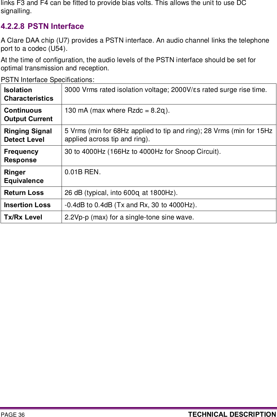 PAGE 36  TECHNICAL DESCRIPTION  links F3 and F4 can be fitted to provide bias volts. This allows the unit to use DC signalling. 4.2.2.8  PSTN Interface A Clare DAA chip (U7) provides a PSTN interface. An audio channel links the telephone port to a codec (U54). At the time of configuration, the audio levels of the PSTN interface should be set for optimal transmission and reception. PSTN Interface Specifications: Isolation Characteristics 3000 Vrms rated isolation voltage; 2000V/μs rated surge rise time. Continuous Output Current 130 mA (max where Rzdc = 8.2Ω). Ringing Signal Detect Level 5 Vrms (min for 68Hz applied to tip and ring); 28 Vrms (min for 15Hz applied across tip and ring). Frequency Response 30 to 4000Hz (166Hz to 4000Hz for Snoop Circuit). Ringer Equivalence 0.01B REN. Return Loss  26 dB (typical, into 600Ω at 1800Hz). Insertion Loss  -0.4dB to 0.4dB (Tx and Rx, 30 to 4000Hz). Tx/Rx Level  2.2Vp-p (max) for a single-tone sine wave.  