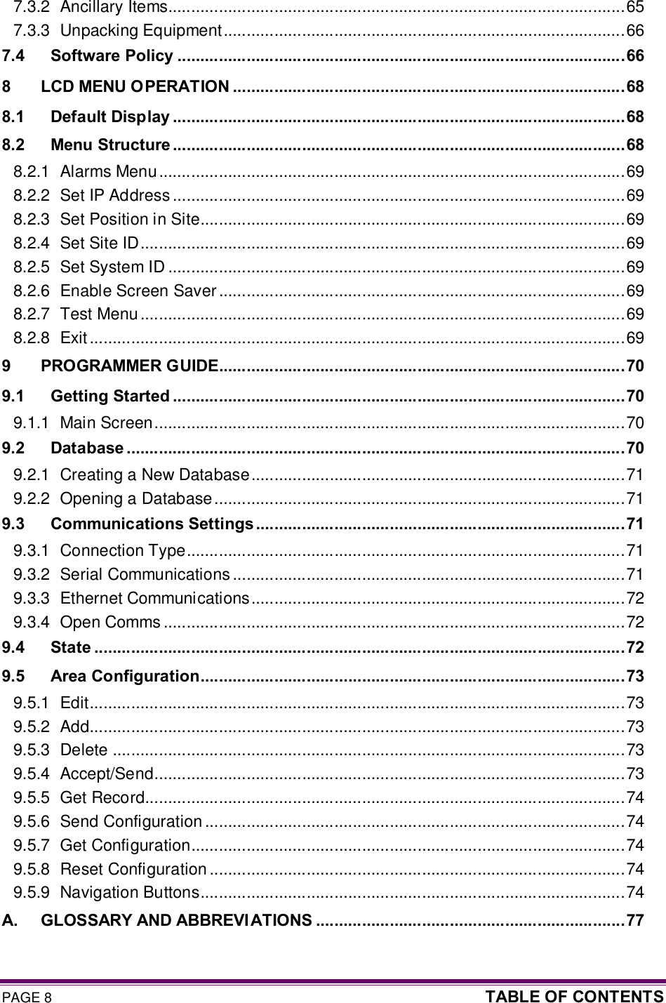 PAGE 8  TABLE OF CONTENTS  7.3.2 Ancillary Items...................................................................................................65 7.3.3 Unpacking Equipment.......................................................................................66 7.4 Software Policy .................................................................................................66 8 LCD MENU O PERATION .....................................................................................68 8.1 Default Display ..................................................................................................68 8.2 Menu Structure ..................................................................................................68 8.2.1 Alarms Menu.....................................................................................................69 8.2.2 Set IP Address ..................................................................................................69 8.2.3 Set Position in Site............................................................................................69 8.2.4 Set Site ID.........................................................................................................69 8.2.5 Set System ID ...................................................................................................69 8.2.6 Enable Screen Saver........................................................................................69 8.2.7 Test Menu .........................................................................................................69 8.2.8 Exit....................................................................................................................69 9 PROGRAMMER GUIDE........................................................................................70 9.1 Getting Started ..................................................................................................70 9.1.1 Main Screen......................................................................................................70 9.2 Database ............................................................................................................70 9.2.1 Creating a New Database.................................................................................71 9.2.2 Opening a Database.........................................................................................71 9.3 Communications Settings ................................................................................71 9.3.1 Connection Type...............................................................................................71 9.3.2 Serial Communications .....................................................................................71 9.3.3 Ethernet Communications.................................................................................72 9.3.4 Open Comms ....................................................................................................72 9.4 State ...................................................................................................................72 9.5 Area Configuration............................................................................................73 9.5.1 Edit....................................................................................................................73 9.5.2 Add....................................................................................................................73 9.5.3 Delete ...............................................................................................................73 9.5.4 Accept/Send......................................................................................................73 9.5.5 Get Record........................................................................................................74 9.5.6 Send Configuration ...........................................................................................74 9.5.7 Get Configuration..............................................................................................74 9.5.8 Reset Configuration ..........................................................................................74 9.5.9 Navigation Buttons............................................................................................74 A. GLOSSARY AND ABBREVIATIONS ...................................................................77 