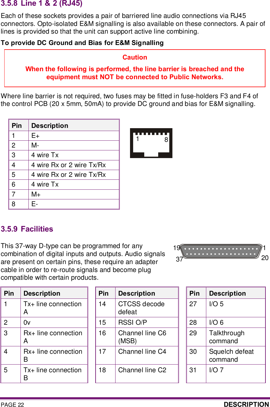 PAGE 22  DESCRIPTION  3.5.8 Line 1 &amp; 2 (RJ45) Each of these sockets provides a pair of barriered line audio connections via RJ45 connectors. Opto-isolated E&amp;M signalling is also available on these connectors. A pair of lines is provided so that the unit can support active line combining. To provide DC Ground and Bias for E&amp;M Signalling     Where line barrier is not required, two fuses may be fitted in fuse-holders F3 and F4 of the control PCB (20 x 5mm, 50mA) to provide DC ground and bias for E&amp;M signalling.  Pin  Description 1  E+ 2  M- 3  4 wire Tx 4  4 wire Rx or 2 wire Tx/Rx 5  4 wire Rx or 2 wire Tx/Rx 6  4 wire Tx 7  M+ 8  E-  3.5.9 Facilities  This 37-way D-type can be programmed for any combination of digital inputs and outputs. Audio signals are present on certain pins, these require an adapter cable in order to re-route signals and become plug compatible with certain products.  Pin  Description  Pin  Description  Pin  Description 1  Tx+ line connection A  14  CTCSS decode defeat  27  I/O 5 2  0v  15  RSSI O/P  28  I/O 6 3  Rx+ line connection A  16  Channel line C6 (MSB)  29  Talkthrough command 4  Rx+ line connection B  17  Channel line C4  30  Squelch defeat command 5  Tx+ line connection B  18  Channel line C2  31  I/O 7 Caution When the following is performed, the line barrier is breached and the equipment must NOT be connected to Public Networks. 181 20 19 37 