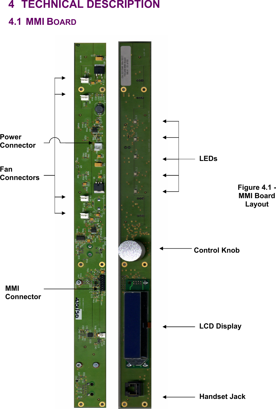 4 TECHNICAL DESCRIPTION 4.1 MMI BOARD                                 Figure 4.1 - MMI Board Layout Control Knob LCD Display Handset Jack LEDs Fan Connectors MMI Connector Power Connector 