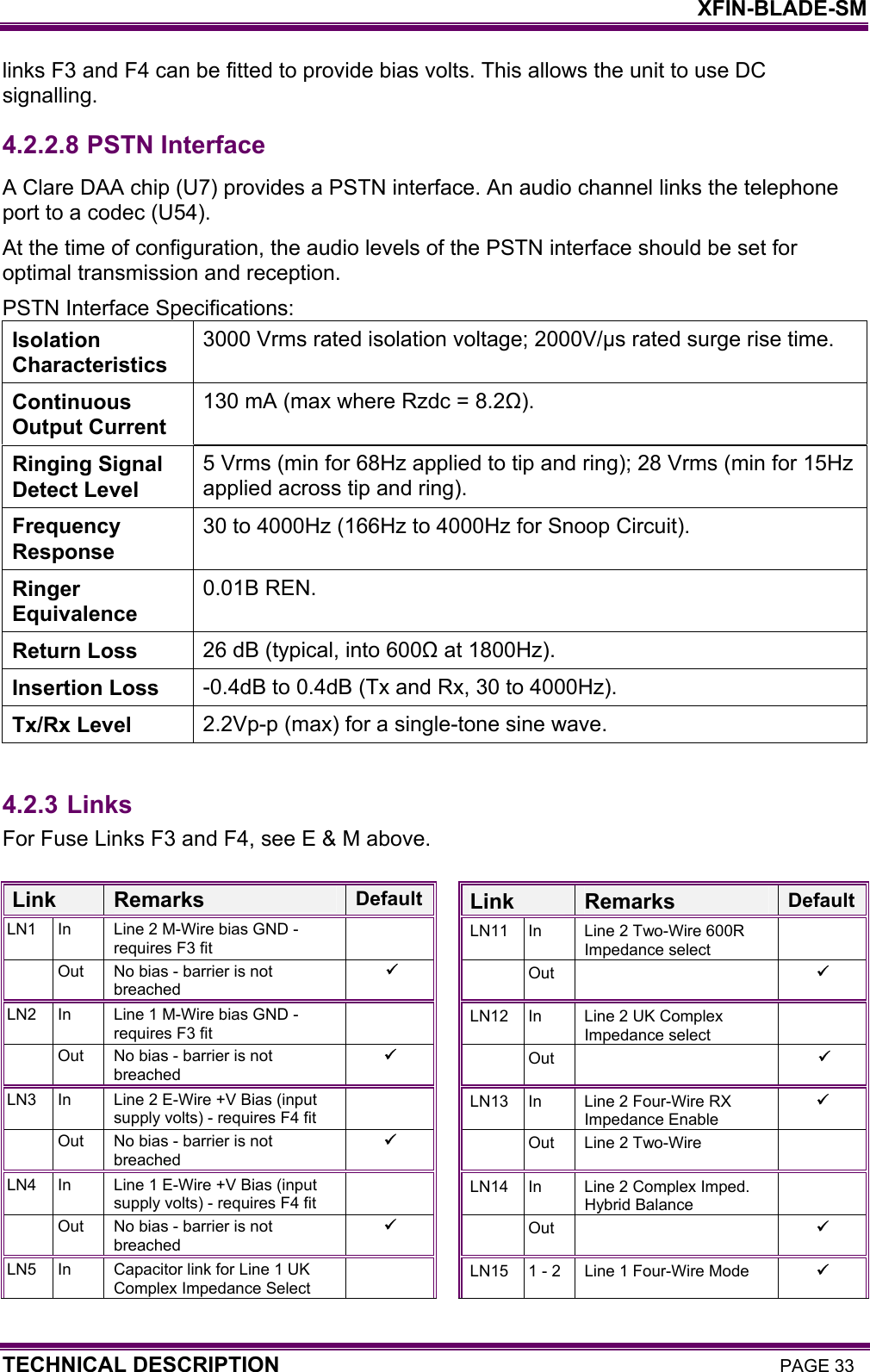    XFIN-BLADE-SM TECHNICAL DESCRIPTION PAGE 33 links F3 and F4 can be fitted to provide bias volts. This allows the unit to use DC signalling. 4.2.2.8  PSTN Interface A Clare DAA chip (U7) provides a PSTN interface. An audio channel links the telephone port to a codec (U54). At the time of configuration, the audio levels of the PSTN interface should be set for optimal transmission and reception. PSTN Interface Specifications: Isolation Characteristics 3000 Vrms rated isolation voltage; 2000V/µs rated surge rise time. Continuous Output Current 130 mA (max where Rzdc = 8.2Ω). Ringing Signal Detect Level 5 Vrms (min for 68Hz applied to tip and ring); 28 Vrms (min for 15Hz applied across tip and ring). Frequency Response 30 to 4000Hz (166Hz to 4000Hz for Snoop Circuit). Ringer Equivalence 0.01B REN. Return Loss  26 dB (typical, into 600Ω at 1800Hz). Insertion Loss  -0.4dB to 0.4dB (Tx and Rx, 30 to 4000Hz). Tx/Rx Level  2.2Vp-p (max) for a single-tone sine wave.  4.2.3 Links For Fuse Links F3 and F4, see E &amp; M above.  Link  Remarks  Default Link  Remarks  DefaultLN1  In  Line 2 M-Wire bias GND - requires F3 fit  LN11  In  Line 2 Two-Wire 600R Impedance select  Out  No bias - barrier is not breached   Out    LN2  In  Line 1 M-Wire bias GND - requires F3 fit  LN12  In  Line 2 UK Complex Impedance select  Out  No bias - barrier is not breached   Out    LN3  In  Line 2 E-Wire +V Bias (input supply volts) - requires F4 fit  LN13  In  Line 2 Four-Wire RX Impedance Enable  Out  No bias - barrier is not breached    Out  Line 2 Two-Wire   LN4  In  Line 1 E-Wire +V Bias (input supply volts) - requires F4 fit  LN14  In  Line 2 Complex Imped. Hybrid Balance  Out  No bias - barrier is not breached   Out    LN5  In  Capacitor link for Line 1 UK Complex Impedance Select   LN15  1 - 2  Line 1 Four-Wire Mode   