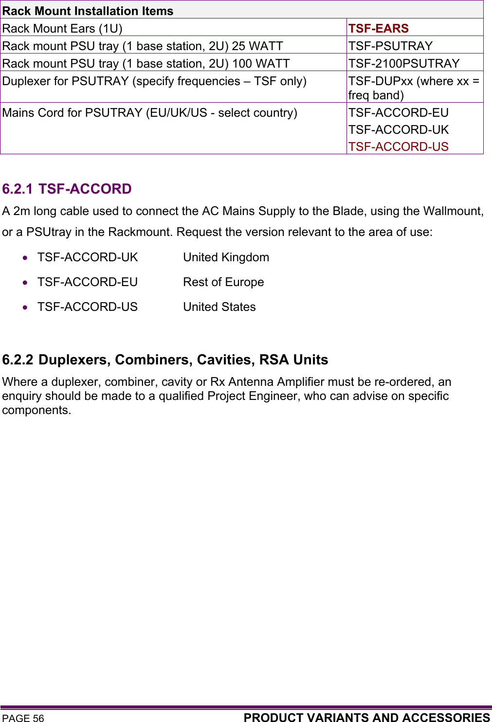 PAGE 56  PRODUCT VARIANTS AND ACCESSORIES   Rack Mount Installation Items Rack Mount Ears (1U)   TSF-EARS Rack mount PSU tray (1 base station, 2U) 25 WATT   TSF-PSUTRAY Rack mount PSU tray (1 base station, 2U) 100 WATT  TSF-2100PSUTRAY Duplexer for PSUTRAY (specify frequencies – TSF only)  TSF-DUPxx (where xx = freq band) Mains Cord for PSUTRAY (EU/UK/US - select country)  TSF-ACCORD-EU TSF-ACCORD-UK TSF-ACCORD-US  6.2.1 TSF-ACCORD A 2m long cable used to connect the AC Mains Supply to the Blade, using the Wallmount, or a PSUtray in the Rackmount. Request the version relevant to the area of use: • TSF-ACCORD-UK                United Kingdom • TSF-ACCORD-EU                Rest of Europe • TSF-ACCORD-US                United States  6.2.2 Duplexers, Combiners, Cavities, RSA Units Where a duplexer, combiner, cavity or Rx Antenna Amplifier must be re-ordered, an enquiry should be made to a qualified Project Engineer, who can advise on specific components.  