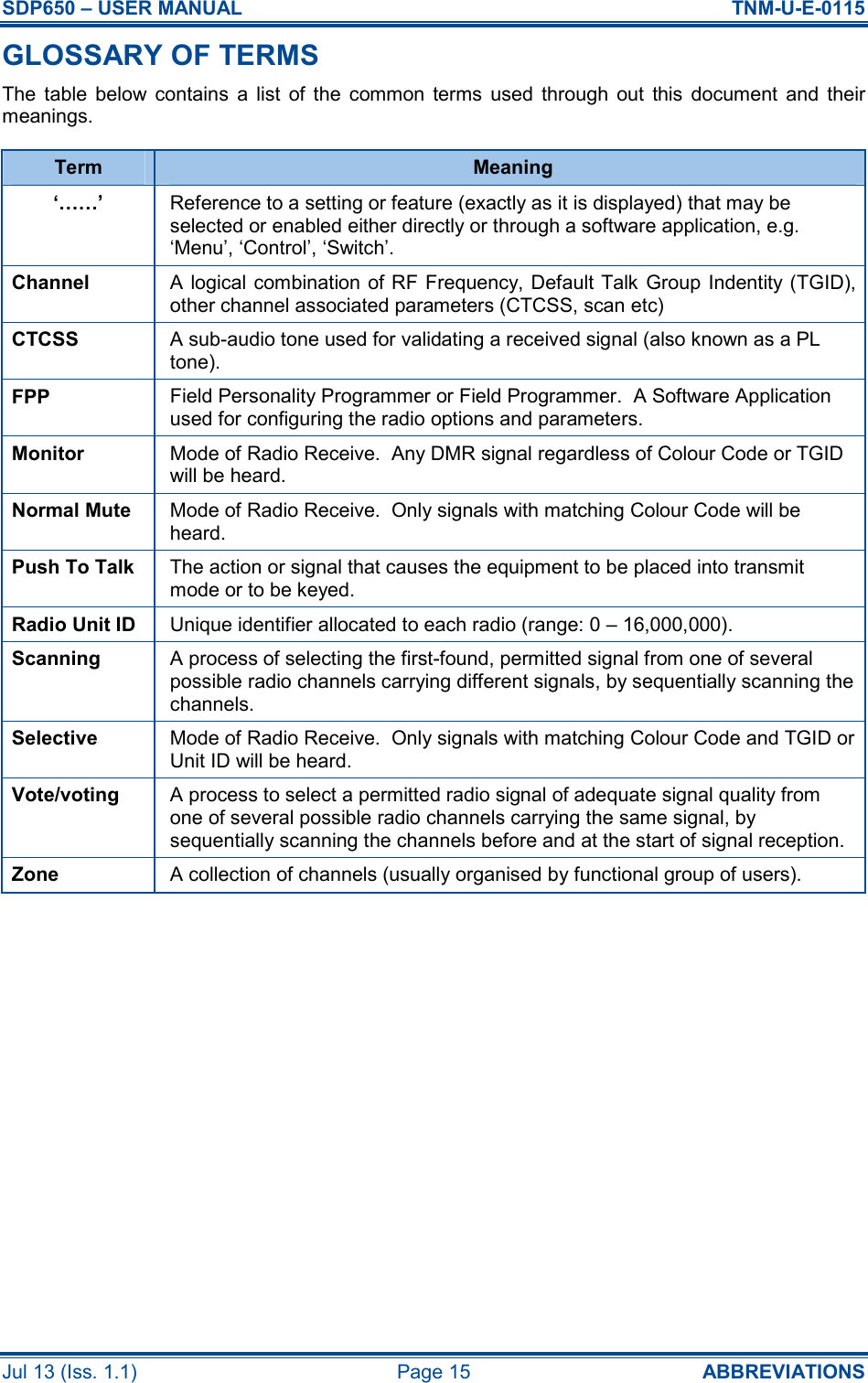 SDP650 – USER MANUAL  TNM-U-E-0115 Jul 13 (Iss. 1.1)  Page 15  ABBREVIATIONS GLOSSARY OF TERMS The  table  below  contains  a  list  of  the  common  terms  used  through  out  this  document  and  their meanings. Term  Meaning ‘……’  Reference to a setting or feature (exactly as it is displayed) that may be selected or enabled either directly or through a software application, e.g. ‘Menu’, ‘Control’, ‘Switch’. Channel  A logical  combination of RF Frequency, Default Talk Group Indentity (TGID), other channel associated parameters (CTCSS, scan etc) CTCSS  A sub-audio tone used for validating a received signal (also known as a PL tone). FPP  Field Personality Programmer or Field Programmer.  A Software Application used for configuring the radio options and parameters. Monitor  Mode of Radio Receive.  Any DMR signal regardless of Colour Code or TGID will be heard. Normal Mute  Mode of Radio Receive.  Only signals with matching Colour Code will be heard. Push To Talk  The action or signal that causes the equipment to be placed into transmit mode or to be keyed. Radio Unit ID  Unique identifier allocated to each radio (range: 0 – 16,000,000). Scanning  A process of selecting the first-found, permitted signal from one of several possible radio channels carrying different signals, by sequentially scanning the channels. Selective  Mode of Radio Receive.  Only signals with matching Colour Code and TGID or Unit ID will be heard. Vote/voting  A process to select a permitted radio signal of adequate signal quality from one of several possible radio channels carrying the same signal, by sequentially scanning the channels before and at the start of signal reception. Zone  A collection of channels (usually organised by functional group of users).     