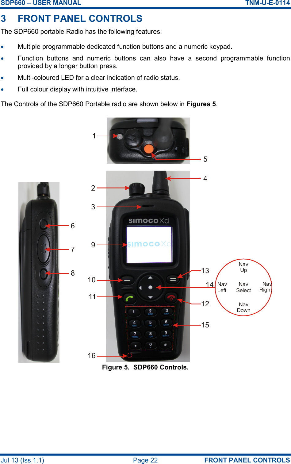 SDP660 – USER MANUAL  TNM-U-E-0114 Jul 13 (Iss 1.1)  Page 22  FRONT PANEL CONTROLS 3  FRONT PANEL CONTROLS The SDP660 portable Radio has the following features: •  Multiple programmable dedicated function buttons and a numeric keypad. •  Function  buttons  and  numeric  buttons  can  also  have  a  second  programmable  function provided by a longer button press. •  Multi-coloured LED for a clear indication of radio status. •  Full colour display with intuitive interface. The Controls of the SDP660 Portable radio are shown below in Figures 5. Figure 5.  SDP660 Controls.  NavSelectNavLeftNavRightNavUpNavDown1234567891011 1213141516