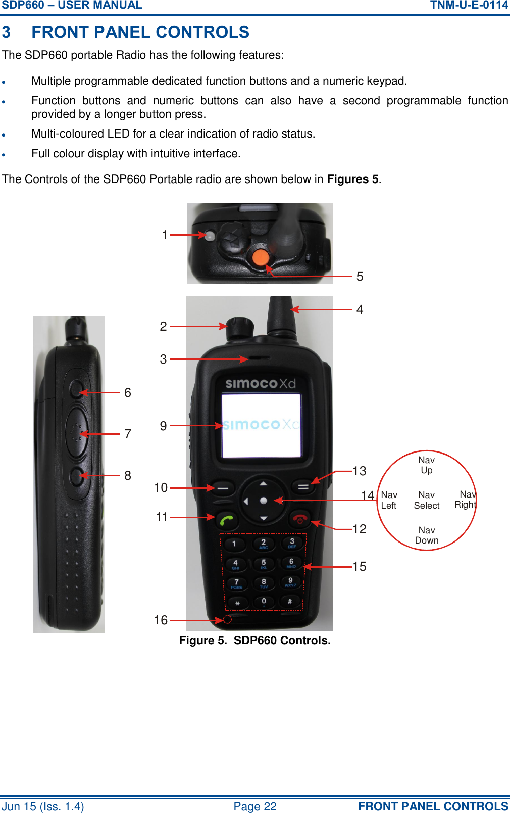 SDP660 – USER MANUAL  TNM-U-E-0114 Jun 15 (Iss. 1.4)  Page 22 FRONT PANEL CONTROLS 3 FRONT PANEL CONTROLS The SDP660 portable Radio has the following features:  Multiple programmable dedicated function buttons and a numeric keypad.  Function  buttons  and  numeric  buttons  can  also  have  a  second  programmable  function provided by a longer button press.  Multi-coloured LED for a clear indication of radio status.  Full colour display with intuitive interface. The Controls of the SDP660 Portable radio are shown below in Figures 5. Figure 5.  SDP660 Controls.  NavSelectNavLeft NavRightNavUpNavDown1234567891011 1213141516