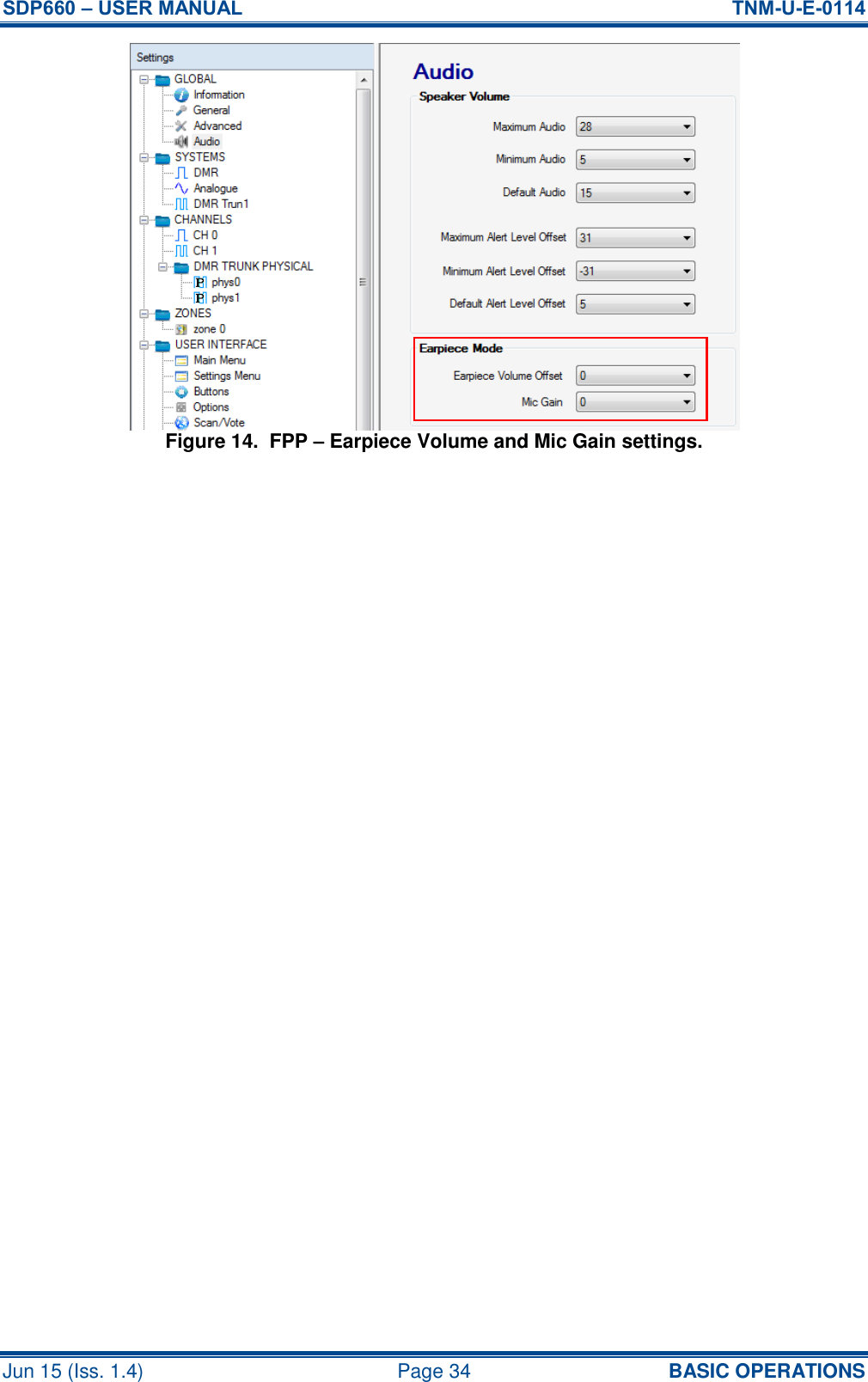 SDP660 – USER MANUAL  TNM-U-E-0114 Jun 15 (Iss. 1.4)  Page 34 BASIC OPERATIONS Figure 14.  FPP – Earpiece Volume and Mic Gain settings.     