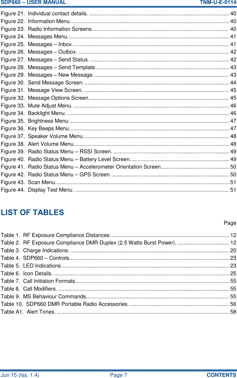 SDP660 – USER MANUAL  TNM-U-E-0114 Jun 15 (Iss. 1.4)  Page 7  CONTENTS Figure 21.  Individual contact details. ............................................................................................ 40 Figure 22.  Information Menu. ....................................................................................................... 40 Figure 23.  Radio Information Screens. ......................................................................................... 40 Figure 24.  Messages Menu. ......................................................................................................... 41 Figure 25.  Messages – Inbox. ...................................................................................................... 41 Figure 26.  Messages – Outbox. ................................................................................................... 42 Figure 27.  Messages – Send Status. ........................................................................................... 42 Figure 28.  Messages – Send Template. ....................................................................................... 43 Figure 29.  Messages – New Message. ........................................................................................ 43 Figure 30.  Send Message Screen. ............................................................................................... 44 Figure 31.  Message View Screen. ............................................................................................... 45 Figure 32.  Message Options Screen. ........................................................................................... 45 Figure 33.  Mute Adjust Menu. ...................................................................................................... 46 Figure 34.  Backlight Menu. .......................................................................................................... 46 Figure 35.  Brightness Menu. ........................................................................................................ 47 Figure 36.  Key Beeps Menu. ........................................................................................................ 47 Figure 37.  Speaker Volume Menu. ............................................................................................... 48 Figure 38.  Alert Volume Menu. ..................................................................................................... 48 Figure 39.  Radio Status Menu – RSSI Screen. ............................................................................ 49 Figure 40.  Radio Status Menu – Battery Level Screen. ................................................................ 49 Figure 41.  Radio Status Menu – Accelerometer Orientation Screen............................................. 50 Figure 42.  Radio Status Menu – GPS Screen. ............................................................................. 50 Figure 43.  Scan Menu. ................................................................................................................. 51 Figure 44.  Display Test Menu. ..................................................................................................... 51  LIST OF TABLES   Page Table 1.  RF Exposure Compliance Distances. ............................................................................. 12 Table 2.  RF Exposure Compliance DMR Duplex (2.5 Watts Burst Power). .................................. 12 Table 3.  Charge Indications. ........................................................................................................ 20 Table 4.  SDP660 – Controls......................................................................................................... 23 Table 5.  LED Indications. ............................................................................................................. 23 Table 6.  Icon Details. ................................................................................................................... 25 Table 7.  Call Initiation Formats. .................................................................................................... 55 Table 8.  Call Modifiers. ................................................................................................................ 55 Table 9.  MS Behaviour Commands. ............................................................................................. 55 Table 10.  SDP660 DMR Portable Radio Accessories. ................................................................. 56 Table A1.  Alert Tones. ................................................................................................................. 58    