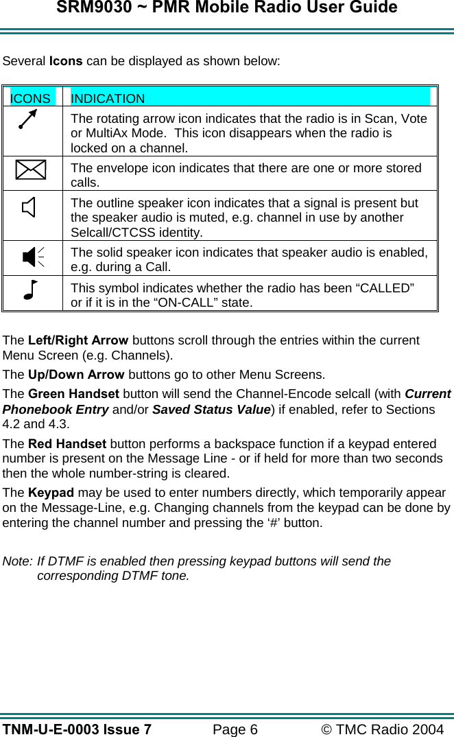 SRM9030 ~ PMR Mobile Radio User Guide TNM-U-E-0003 Issue 7  Page 6  © TMC Radio 2004  Several Icons can be displayed as shown below:  ICONS  INDICATION   The rotating arrow icon indicates that the radio is in Scan, Vote or MultiAx Mode.  This icon disappears when the radio is locked on a channel.   The envelope icon indicates that there are one or more stored calls.     The outline speaker icon indicates that a signal is present but the speaker audio is muted, e.g. channel in use by another Selcall/CTCSS identity.   The solid speaker icon indicates that speaker audio is enabled, e.g. during a Call.   This symbol indicates whether the radio has been “CALLED”  or if it is in the “ON-CALL” state.  The Left/Right Arrow buttons scroll through the entries within the current Menu Screen (e.g. Channels). The Up/Down Arrow buttons go to other Menu Screens. The Green Handset button will send the Channel-Encode selcall (with Current Phonebook Entry and/or Saved Status Value) if enabled, refer to Sections 4.2 and 4.3. The Red Handset button performs a backspace function if a keypad entered number is present on the Message Line - or if held for more than two seconds then the whole number-string is cleared. The Keypad may be used to enter numbers directly, which temporarily appear on the Message-Line, e.g. Changing channels from the keypad can be done by entering the channel number and pressing the ‘#’ button.  Note: If DTMF is enabled then pressing keypad buttons will send the corresponding DTMF tone.        