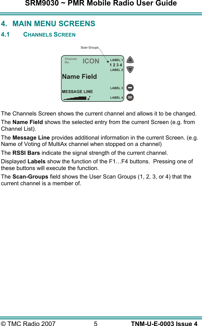 SRM9030 ~ PMR Mobile Radio User Guide © TMC Radio 2007  5   TNM-U-E-0003 Issue 4 4.  MAIN MENU SCREENS 4.1 CHANNELS SCREEN           The Channels Screen shows the current channel and allows it to be changed. The Name Field shows the selected entry from the current Screen (e.g. from Channel List). The Message Line provides additional information in the current Screen. (e.g. Name of Voting of MultiAx channel when stopped on a channel) The RSSI Bars indicate the signal strength of the current channel. Displayed Labels show the function of the F1…F4 buttons.  Pressing one of these buttons will execute the function. The Scan-Groups field shows the User Scan Groups (1, 2, 3, or 4) that the current channel is a member of.