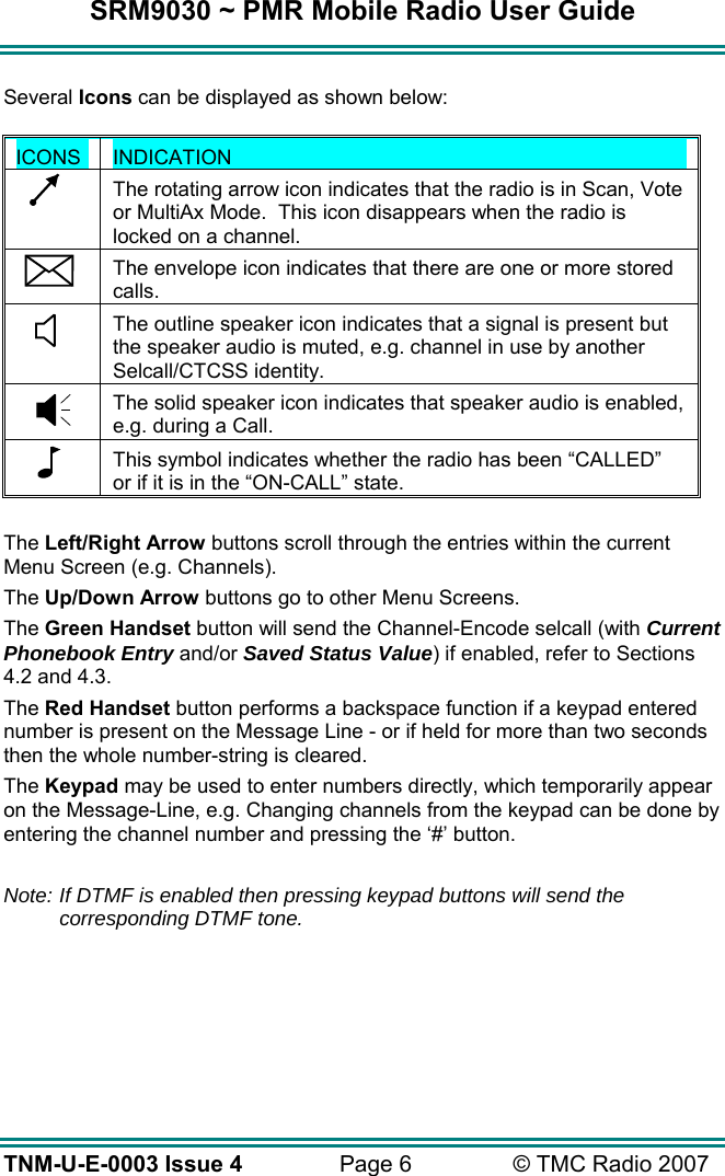 SRM9030 ~ PMR Mobile Radio User Guide TNM-U-E-0003 Issue 4  Page 6  © TMC Radio 2007  Several Icons can be displayed as shown below:  ICONS  INDICATION   The rotating arrow icon indicates that the radio is in Scan, Vote or MultiAx Mode.  This icon disappears when the radio is locked on a channel.   The envelope icon indicates that there are one or more stored calls.     The outline speaker icon indicates that a signal is present but the speaker audio is muted, e.g. channel in use by another Selcall/CTCSS identity.   The solid speaker icon indicates that speaker audio is enabled, e.g. during a Call.   This symbol indicates whether the radio has been “CALLED”  or if it is in the “ON-CALL” state.  The Left/Right Arrow buttons scroll through the entries within the current Menu Screen (e.g. Channels). The Up/Down Arrow buttons go to other Menu Screens. The Green Handset button will send the Channel-Encode selcall (with Current Phonebook Entry and/or Saved Status Value) if enabled, refer to Sections 4.2 and 4.3. The Red Handset button performs a backspace function if a keypad entered number is present on the Message Line - or if held for more than two seconds then the whole number-string is cleared. The Keypad may be used to enter numbers directly, which temporarily appear on the Message-Line, e.g. Changing channels from the keypad can be done by entering the channel number and pressing the ‘#’ button.  Note: If DTMF is enabled then pressing keypad buttons will send the corresponding DTMF tone.        