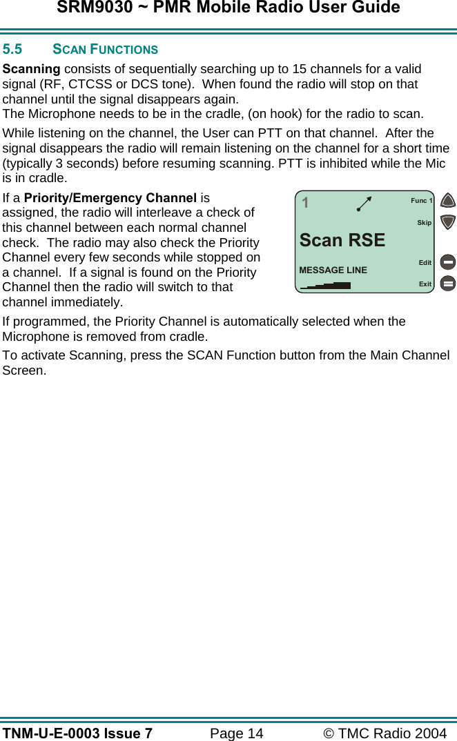SRM9030 ~ PMR Mobile Radio User Guide TNM-U-E-0003 Issue 7  Page 14  © TMC Radio 2004 5.5 SCAN FUNCTIONS Scanning consists of sequentially searching up to 15 channels for a valid signal (RF, CTCSS or DCS tone).  When found the radio will stop on that channel until the signal disappears again.   The Microphone needs to be in the cradle, (on hook) for the radio to scan.   While listening on the channel, the User can PTT on that channel.  After the signal disappears the radio will remain listening on the channel for a short time (typically 3 seconds) before resuming scanning. PTT is inhibited while the Mic is in cradle. If a Priority/Emergency Channel is assigned, the radio will interleave a check of this channel between each normal channel check.  The radio may also check the Priority Channel every few seconds while stopped on a channel.  If a signal is found on the Priority Channel then the radio will switch to that channel immediately.   If programmed, the Priority Channel is automatically selected when the Microphone is removed from cradle. To activate Scanning, press the SCAN Function button from the Main Channel Screen.  1Func 1SkipScan RSEMESSAGE LINEEditExit