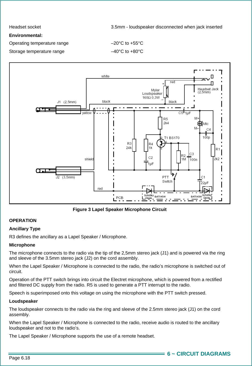 Page 6.18  6 ~ CIRCUIT DIAGRAMS Headset socket  3.5mm - loudspeaker disconnected when jack inserted Environmental:  Operating temperature range  –20°C to +55°C Storage temperature range  –40°C to +80°C  Figure 3 Lapel Speaker Microphone Circuit OPERATION Ancillary Type R3 defines the ancillary as a Lapel Speaker / Microphone. Microphone The microphone connects to the radio via the tip of the 2,5mm stereo jack (J1) and is powered via the ring and sleeve of the 3.5mm stereo jack (J2) on the cord assembly. When the Lapel Speaker / Microphone is connected to the radio, the radio’s microphone is switched out of circuit. Operation of the PTT switch brings into circuit the Electret microphone, which is powered from a rectified and filtered DC supply from the radio. R5 is used to generate a PTT interrupt to the radio. Speech is superimposed onto this voltage on using the microphone with the PTT switch pressed. Loudspeaker The loudspeaker connects to the radio via the ring and sleeve of the 2.5mm stereo jack (J1) on the cord assembly. When the Lapel Speaker / Microphone is connected to the radio, receive audio is routed to the ancillary loudspeaker and not to the radio’s.  The Lapel Speaker / Microphone supports the use of a remote headset. 