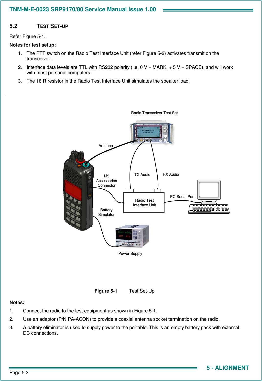 TNM-M-E-0023 SRP9170/80 Service Manual Issue 1.00 Page 5.2 5 - ALIGNMENT5.2  TEST SET-UP Refer Figure 5-1. Notes for test setup: 1.  The PTT switch on the Radio Test Interface Unit (refer Figure 5-2) activates transmit on the transceiver. 2.  Interface data levels are TTL with RS232 polarity (i.e. 0 V = MARK, + 5 V = SPACE), and will work with most personal computers. 3.  The 16 R resistor in the Radio Test Interface Unit simulates the speaker load.  Radio Transceiver Test SetPC Serial PortRX AudioTX AudioAntennaM5AccessoriesConnectorPower SupplyRadio TestInterface Unit`BatterySimulator Figure 5-1  Test Set-Up Notes: 1.  Connect the radio to the test equipment as shown in Figure 5-1. 2.  Use an adaptor (P/N PA-ACON) to provide a coaxial antenna socket termination on the radio. 3.  A battery eliminator is used to supply power to the portable. This is an empty battery pack with external DC connections.   