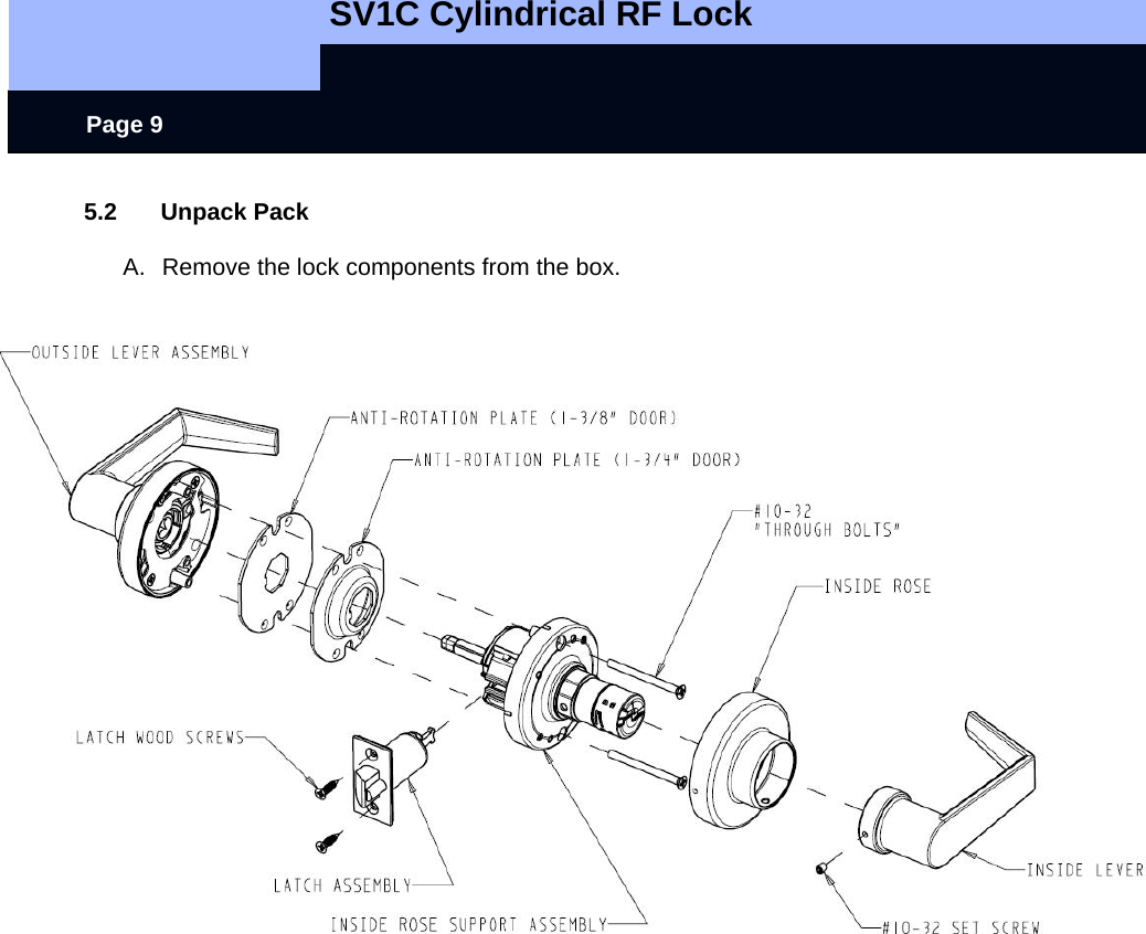   SV1C Cylindrical RF Lock      Page 9 5.2 Unpack Pack  A.  Remove the lock components from the box.   