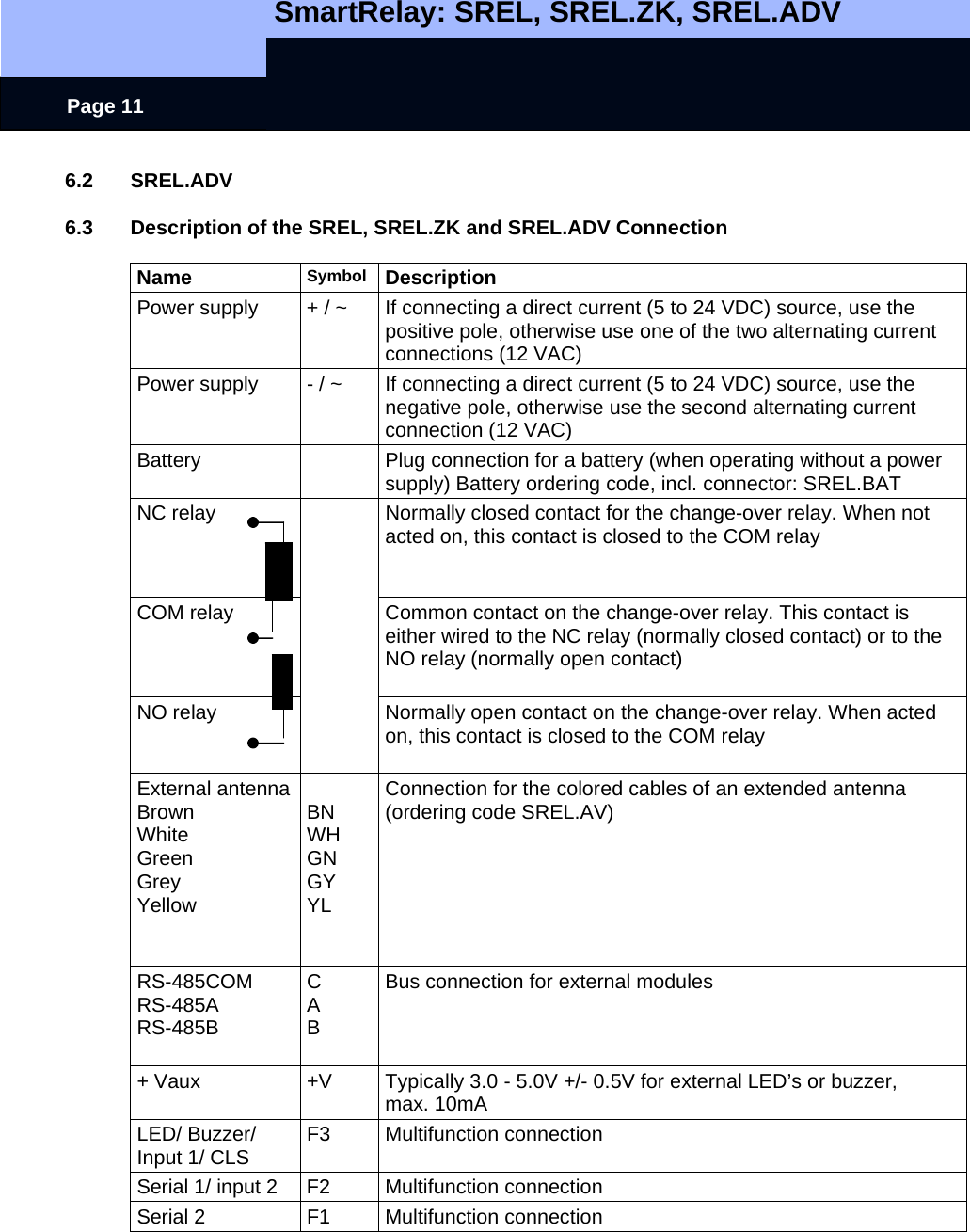   SmartRelay: SREL, SREL.ZK, SREL.ADV    Page 11 6.2 SREL.ADV  6.3  Description of the SREL, SREL.ZK and SREL.ADV Connection  Name  Symbol  Description Power supply   + / ~  If connecting a direct current (5 to 24 VDC) source, use the positive pole, otherwise use one of the two alternating current connections (12 VAC) Power supply   - / ~  If connecting a direct current (5 to 24 VDC) source, use the negative pole, otherwise use the second alternating current connection (12 VAC) Battery    Plug connection for a battery (when operating without a power supply) Battery ordering code, incl. connector: SREL.BAT NC relay    Normally closed contact for the change-over relay. When not acted on, this contact is closed to the COM relay   COM relay    Common contact on the change-over relay. This contact is either wired to the NC relay (normally closed contact) or to the NO relay (normally open contact)  NO relay    Normally open contact on the change-over relay. When acted on, this contact is closed to the COM relay  External antenna Brown White Green Grey Yellow   BN WH GN GY YL  Connection for the colored cables of an extended antenna (ordering code SREL.AV)       RS-485COM RS-485A RS-485B C A B  Bus connection for external modules + Vaux  +V  Typically 3.0 - 5.0V +/- 0.5V for external LED’s or buzzer,  max. 10mA LED/ Buzzer/ Input 1/ CLS  F3 Multifunction connection Serial 1/ input 2  F2  Multifunction connection Serial 2  F1  Multifunction connection  