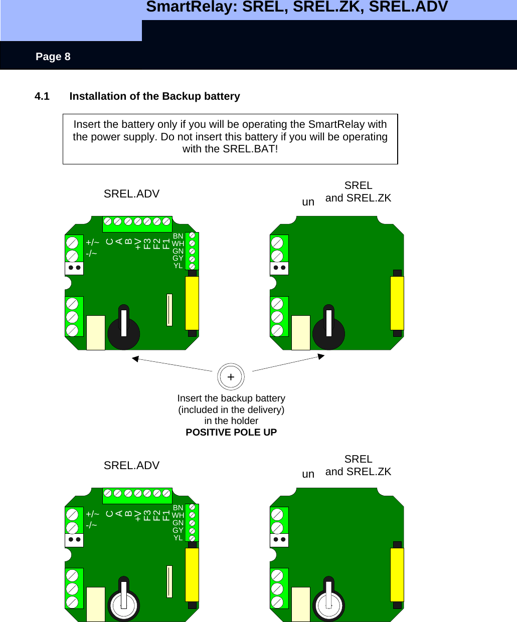   SmartRelay: SREL, SREL.ZK, SREL.ADV    Page 8 4.1  Installation of the Backup battery  Backup Batterie nur einsetzen, wenn das Smart Relais mitNetzteil betrieben wird, bei Betrieb mit SREL.BAT dieseBatterie nicht einsetzen!SREL.ADV SRELund SREL.ZK+SREL.ADV SRELund SREL.ZK+Backup Batterie (im Lieferumfang enthalten)in die Halterung einführenPLUSPOL NACH OBEN+/~-/~CAB+VF3F2F1BNWHGNGYYL++/~-/~CAB+VF3F2F1BNWHGNGYYLInsert the backup battery  (included in the delivery) in the holder POSITIVE POLE UP SREL and SREL.ZK Insert the battery only if you will be operating the SmartRelay with the power supply. Do not insert this battery if you will be operating with the SREL.BAT! SREL and SREL.ZK 