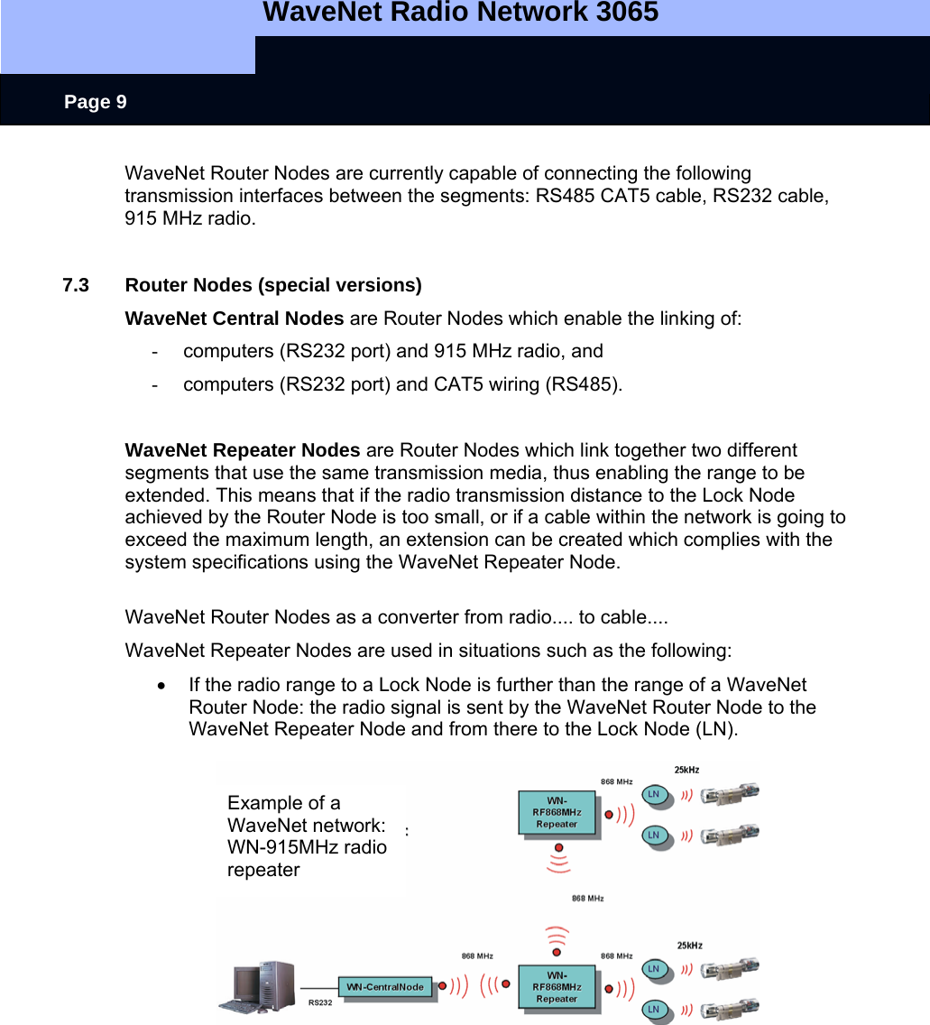   WaveNet Radio Network 3065     Page 9 WaveNet Router Nodes are currently capable of connecting the following transmission interfaces between the segments: RS485 CAT5 cable, RS232 cable, 915 MHz radio.  7.3  Router Nodes (special versions) WaveNet Central Nodes are Router Nodes which enable the linking of: -  computers (RS232 port) and 915 MHz radio, and  -  computers (RS232 port) and CAT5 wiring (RS485).  WaveNet Repeater Nodes are Router Nodes which link together two different segments that use the same transmission media, thus enabling the range to be extended. This means that if the radio transmission distance to the Lock Node achieved by the Router Node is too small, or if a cable within the network is going to exceed the maximum length, an extension can be created which complies with the system specifications using the WaveNet Repeater Node.     WaveNet Router Nodes as a converter from radio.... to cable.... WaveNet Repeater Nodes are used in situations such as the following: •  If the radio range to a Lock Node is further than the range of a WaveNet Router Node: the radio signal is sent by the WaveNet Router Node to the WaveNet Repeater Node and from there to the Lock Node (LN).             Example of a WaveNet network: WN-915MHz radio repeater 