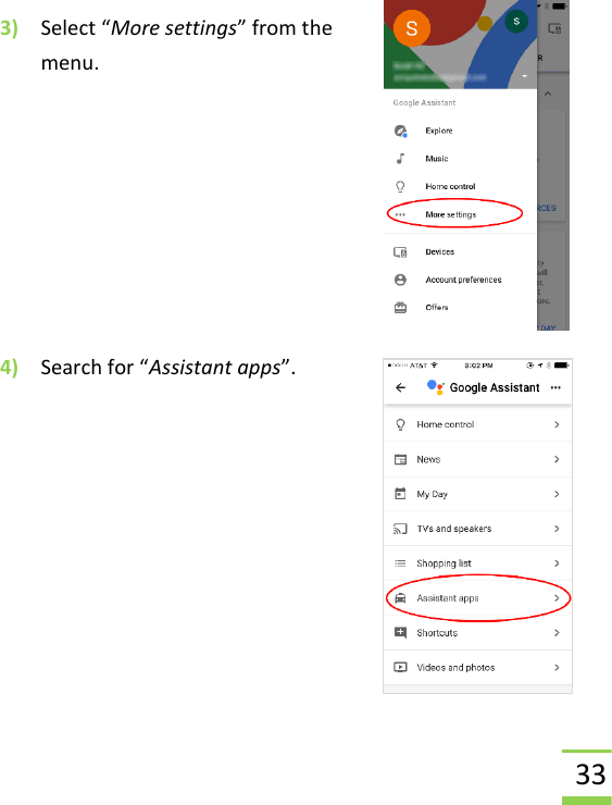  33  3) Select “More settings” from the menu.        4) Search for “Assistant apps”.            