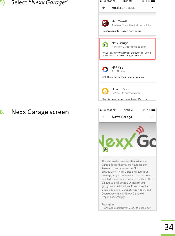  34 5) Select “Nexx Garage”.          6. Nexx Garage screen     