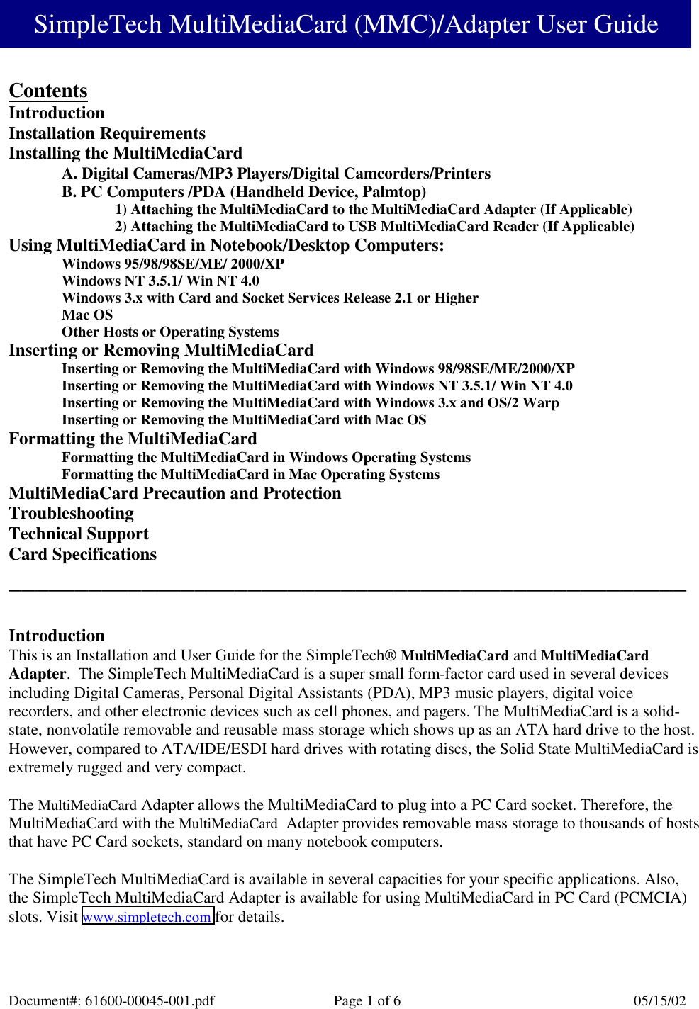 Page 1 of 6 - SimpleTech Digital Camera Memory Card SmartMedia Flash User Guide Manual  To The 90121b15-b0cd-4ed7-b995-6c529389bce5