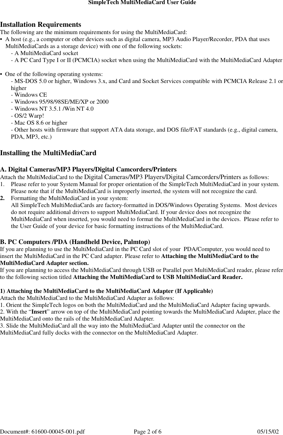 Page 2 of 6 - SimpleTech Digital Camera Memory Card SmartMedia Flash User Guide Manual  To The 90121b15-b0cd-4ed7-b995-6c529389bce5