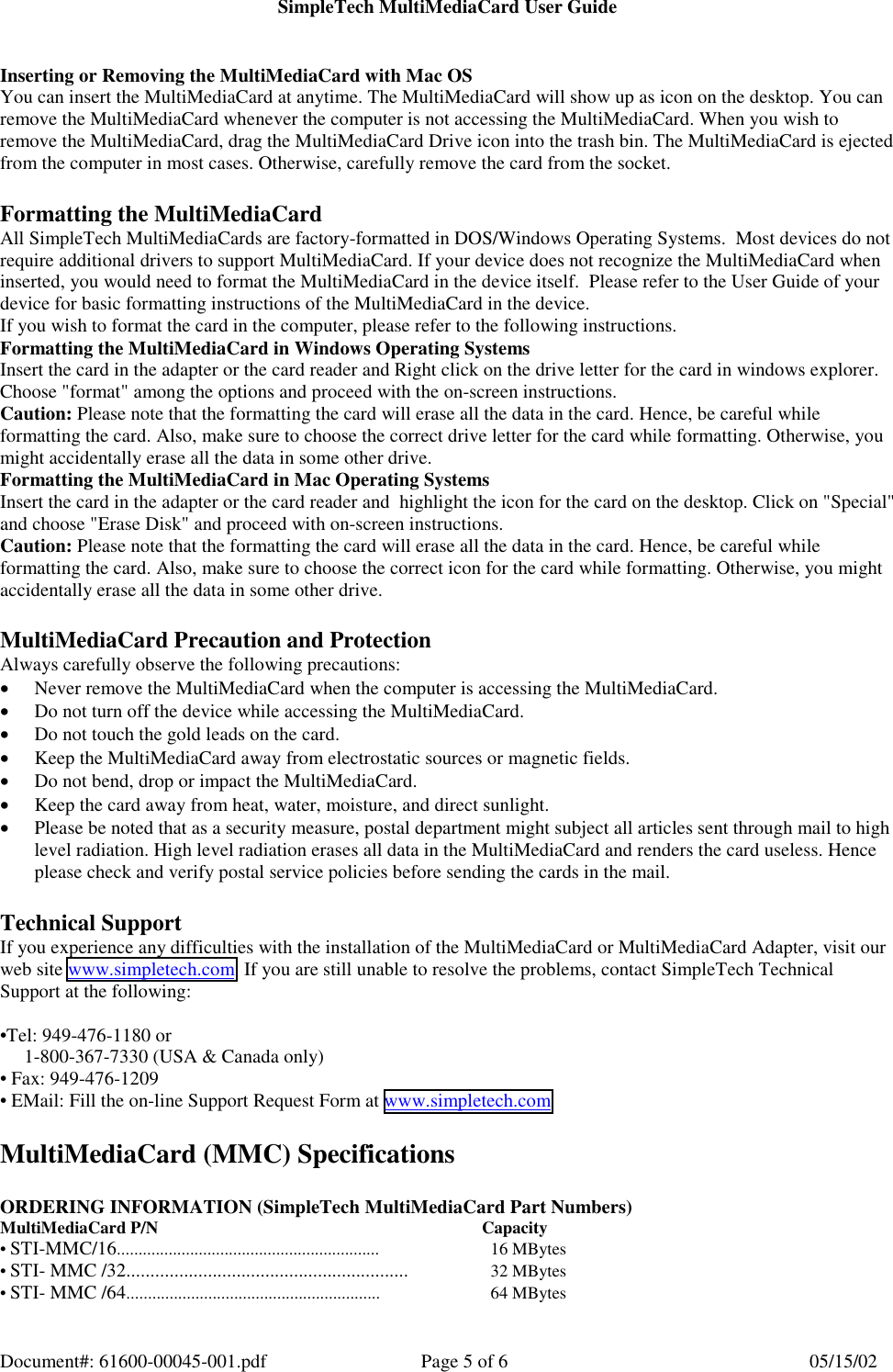 Page 5 of 6 - SimpleTech Digital Camera Memory Card SmartMedia Flash User Guide Manual  To The 90121b15-b0cd-4ed7-b995-6c529389bce5