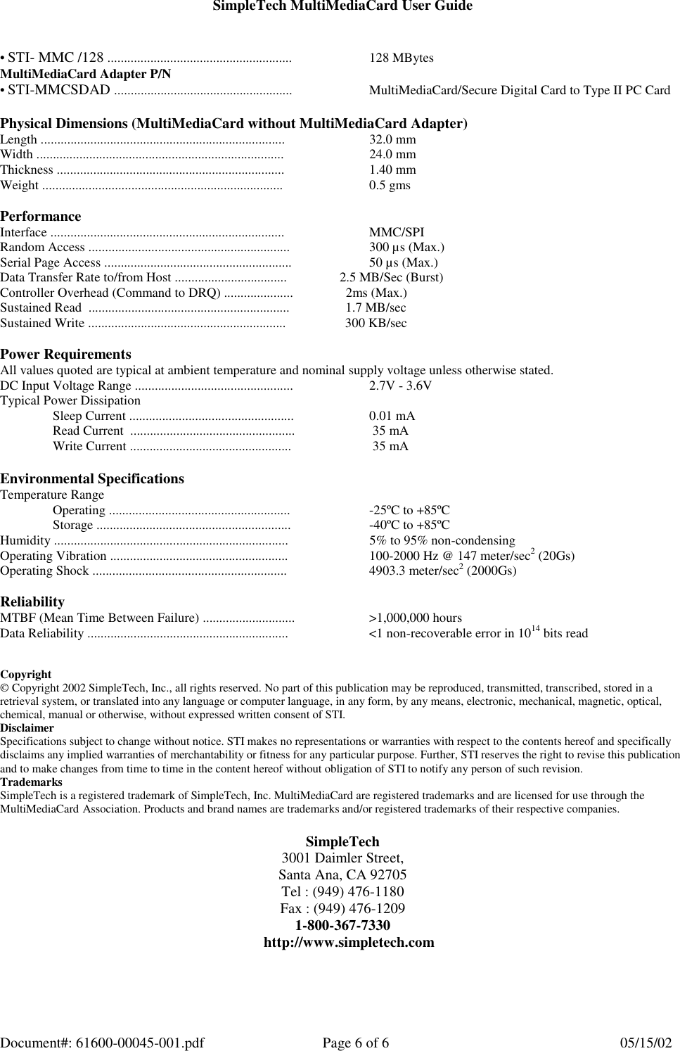 Page 6 of 6 - SimpleTech Digital Camera Memory Card SmartMedia Flash User Guide Manual  To The 90121b15-b0cd-4ed7-b995-6c529389bce5