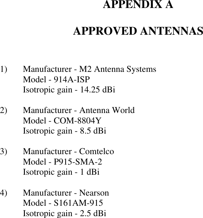 APPENDIX A  APPROVED ANTENNAS   1) Manufacturer - M2 Antenna Systems  Model - 914A-ISP  Isotropic gain - 14.25 dBi  2) Manufacturer - Antenna World  Model - COM-8804Y  Isotropic gain - 8.5 dBi  3) Manufacturer - Comtelco   Model - P915-SMA-2  Isotropic gain - 1 dBi  4) Manufacturer - Nearson  Model - S161AM-915  Isotropic gain - 2.5 dBi                   
