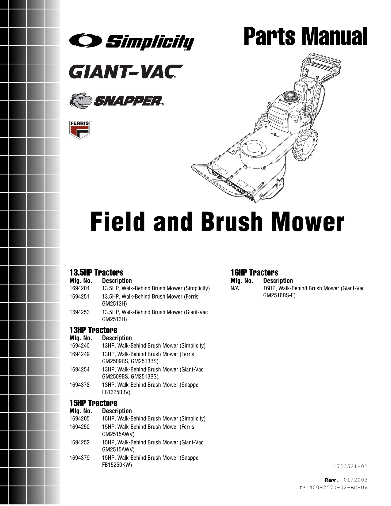 Simplicity 13 5hp Parts Manual Tp 400 2570 02 Bc Uv