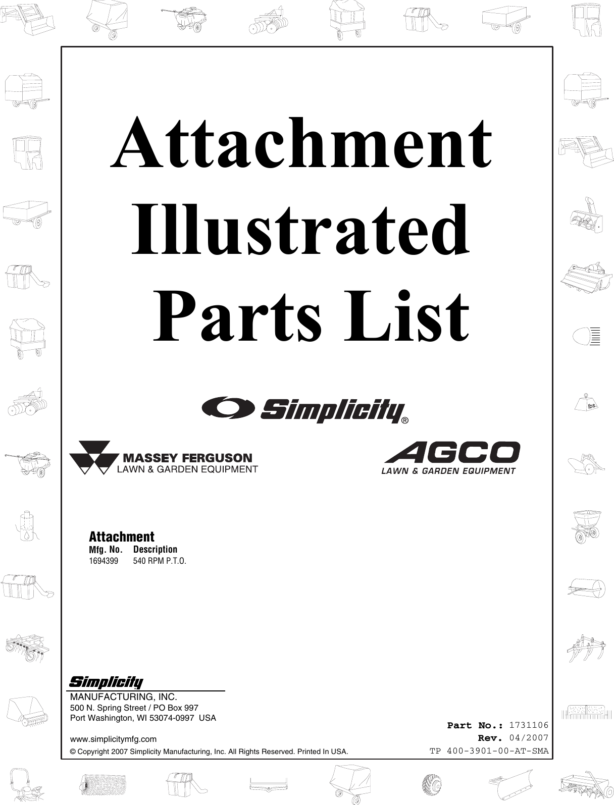 Page 1 of 8 - Simplicity Simplicity-1694399-Illustrated-Parts-List- 540 RPM P.T.O Simplicity-1694399-illustrated-parts-list