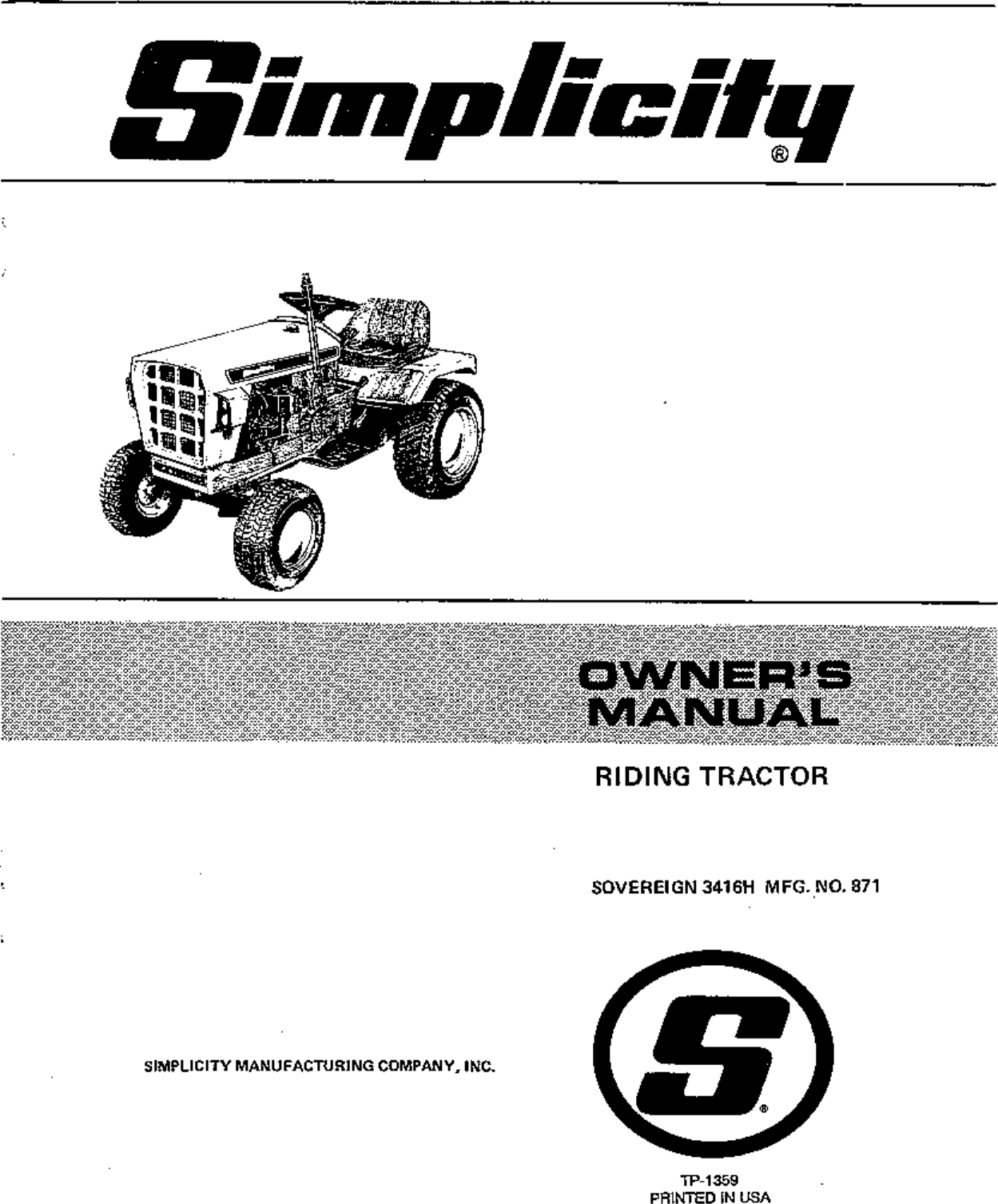 Simplicity Sovereign 3416H Owners Manual