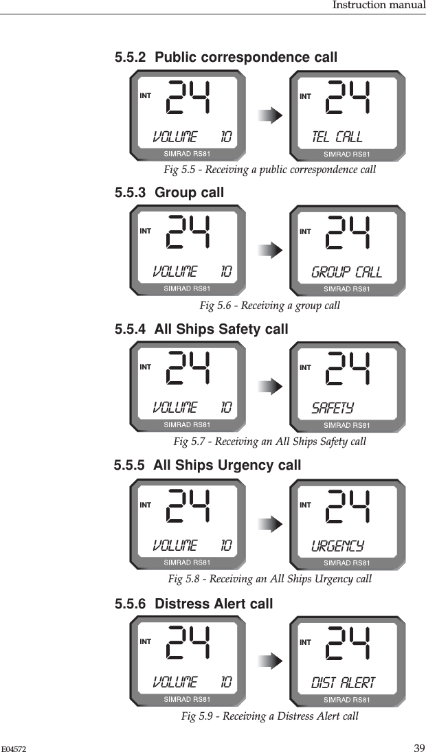 Instruction manual39E045725.5.5  All Ships Urgency call24INTFig 5.5 - Receiving a public correspondence callVOLUME        1024INTTEL  CALL5.5.2  Public correspondence call5.5.3  Group call24INTFig 5.6 - Receiving a group callVOLUME        1024INTGROUP  CALL5.5.4  All Ships Safety call24INTFig 5.7 - Receiving an All Ships Safety callVOLUME        1024INTSAFETY24INTFig 5.8 - Receiving an All Ships Urgency callVOLUME        1024INTURGENCY5.5.6  Distress Alert call24INTFig 5.9 - Receiving a Distress Alert callVOLUME        1024INTDIST  ALERT