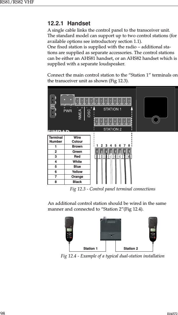 12.2.1  HandsetA single cable links the control panel to the transceiver unit.The standard model can support up to two control stations (foravailable options see introductory section 1.1).  One ﬁxed station is supplied with the radio – additional sta-tions are supplied as separate accessories. The control stationscan be either an AHS81 handset, or an AHS82 handset which issupplied with a separate loudspeaker.Connect the main control station to the “Station 1” terminals onthe transceiver unit as shown (Fig 12.3).RS81/RS82 VHF98 E04572An additional control station should be wired in the samemanner and connected to “Station 2”(Fig 12.4).TerminalNumber12345678WireColourBrownGreenRedWhiteBlueYellowOrangeBlackFig 12.3 - Control panel terminal connectionsSIMRADAHS81SIMRADON/CDIMMERVOL SQLUSERSHIFT OK1W D/W 16WXWATCHMENUSCANALLSCANMSPKR INTStation 2Station 1Fig 12.4 - Example of a typical dual-station installationSIMRADAHS81SIMRADON/CDIMMERVOL SQLUSERSHIFT OK1W D/W 16WXWATCHMENUSCANALLSCANMSPKR INT