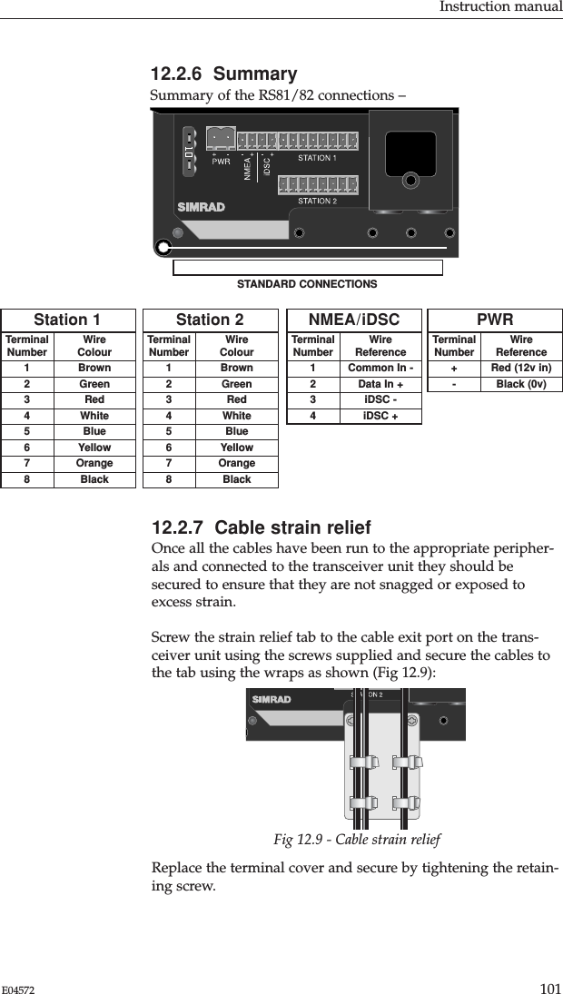 12.2.6  SummarySummary of the RS81/82 connections –Instruction manual101E0457212.2.7  Cable strain reliefOnce all the cables have been run to the appropriate peripher-als and connected to the transceiver unit they should besecured to ensure that they are not snagged or exposed toexcess strain.Screw the strain relief tab to the cable exit port on the trans-ceiver unit using the screws supplied and secure the cables tothe tab using the wraps as shown (Fig 12.9):STANDARD CONNECTIONSTerminalNumber12345678WireColourBrownGreenRedWhiteBlueYellowOrangeBlackStation 1TerminalNumber12345678WireColourBrownGreenRedWhiteBlueYellowOrangeBlackStation 2TerminalNumber1234WireReferenceCommon In -Data In +iDSC -iDSC +NMEA/iDSCTerminalNumber+-WireReferenceRed (12v in)Black (0v)PWRFig 12.9 - Cable strain reliefReplace the terminal cover and secure by tightening the retain-ing screw.