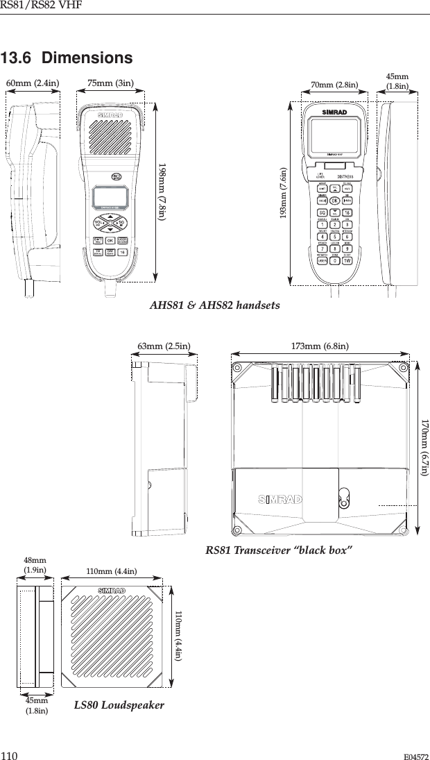 RS81/RS82 VHF110 E04572110mm (4.4in)193mm (7.6in)13.6  Dimensions110mm (4.4in)48mm(1.9in)45mm(1.8in)63mm (2.5in) 173mm (6.8in)170mm (6.7in)60mm (2.4in) 75mm (3in)198mm (7.8in)70mm (2.8in) 45mm(1.8in)LS80 LoudspeakerAHS81 &amp; AHS82 handsetsRS81 Transceiver “black box”