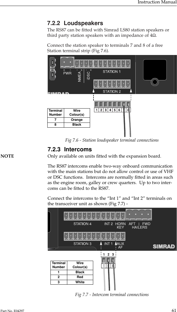 7.2.2  LoudspeakersThe RS87 can be ﬁtted with Simrad LS80 station speakers orthird party station speakers with an impedance of 4Ω.Connect the station speaker to terminals 7 and 8 of a freeStation terminal strip (Fig 7.6).Instruction Manual61Part No. E04297TerminalNumber78WireColour(s)OrangeBlackFig 7.6 - Station loudspeaker terminal connections7.2.3  IntercomsNOTE Only available on units ﬁtted with the expansion board.The RS87 intercoms enable two-way onboard communicationwith the main stations but do not allow control or use of VHFor DSC functions.  Intercoms are normally ﬁtted in areas suchas the engine room, galley or crew quarters.  Up to two inter-coms can be ﬁtted to the RS87.Connect the intercoms to the “Int 1” and “Int 2” terminals onthe transceiver unit as shown (Fig 7.7) -Fig 7.7 - Intercom terminal connectionsTerminalNumber123WireColour(s)BlackRedWhite