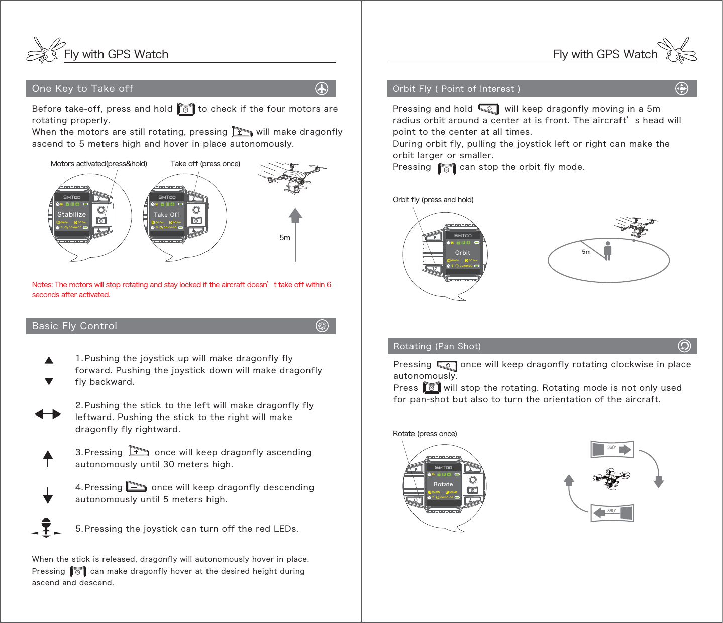 Fly with GPS WatchFly with GPS WatchOne Key to Take off Orbit Fly ( Point of Interest )Rotating (Pan Shot)Pressing and hold          will keep dragonfly moving in a 5m radius orbit around a center at is front. The aircraft’s head will point to the center at all times.During orbit fly, pulling the joystick left or right can make the orbit larger or smaller. Pressing         can stop the orbit fly mode.Pressing         once will keep dragonfly rotating clockwise in place autonomously. Press        will stop the rotating. Rotating mode is not only used for pan-shot but also to turn the orientation of the aircraft.Notes: The motors will stop rotating and stay locked if the aircraft doesn’t take off within 6 seconds after activated.Basic Fly ControlBefore take-off, press and hold        to check if the four motors are rotating properly.When the motors are still rotating, pressing         will make dragonfly ascend to 5 meters high and hover in place autonomously.1. Pushing the joystick up will make dragonfly fly forward. Pushing the joystick down will make dragonfly fly backward.2. Pushing the stick to the left will make dragonfly fly leftward. Pushing the stick to the right will make dragonfly fly rightward.3. Pressing          once will keep dragonfly ascending autonomously until 30 meters high.4. Pressing         once will keep dragonfly descending autonomously until 5 meters high.5. Pressing the joystick can turn off the red LEDs.When the stick is released, dragonfly will autonomously hover in place.Pressing         can make dragonfly hover at the desired height during ascend and descend.5mStabilize900.0m 00.0m00:00:0016Take Off900.0m 00.0m00:00:0016Take off (press once)Motors activated(press&amp;hold)Rotate900.0m 00.0m00:00:00165mOrbit fly (press and hold)Orbit900.0m 00.0m00:00:0016Rotate (press once)