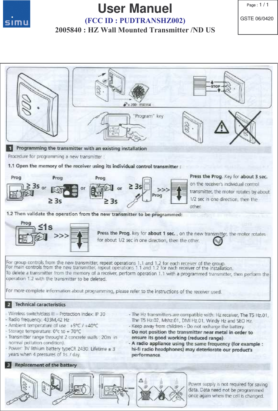 User Manuel     !"#$!% Page : 1 / 1  GSTE 06/0420 