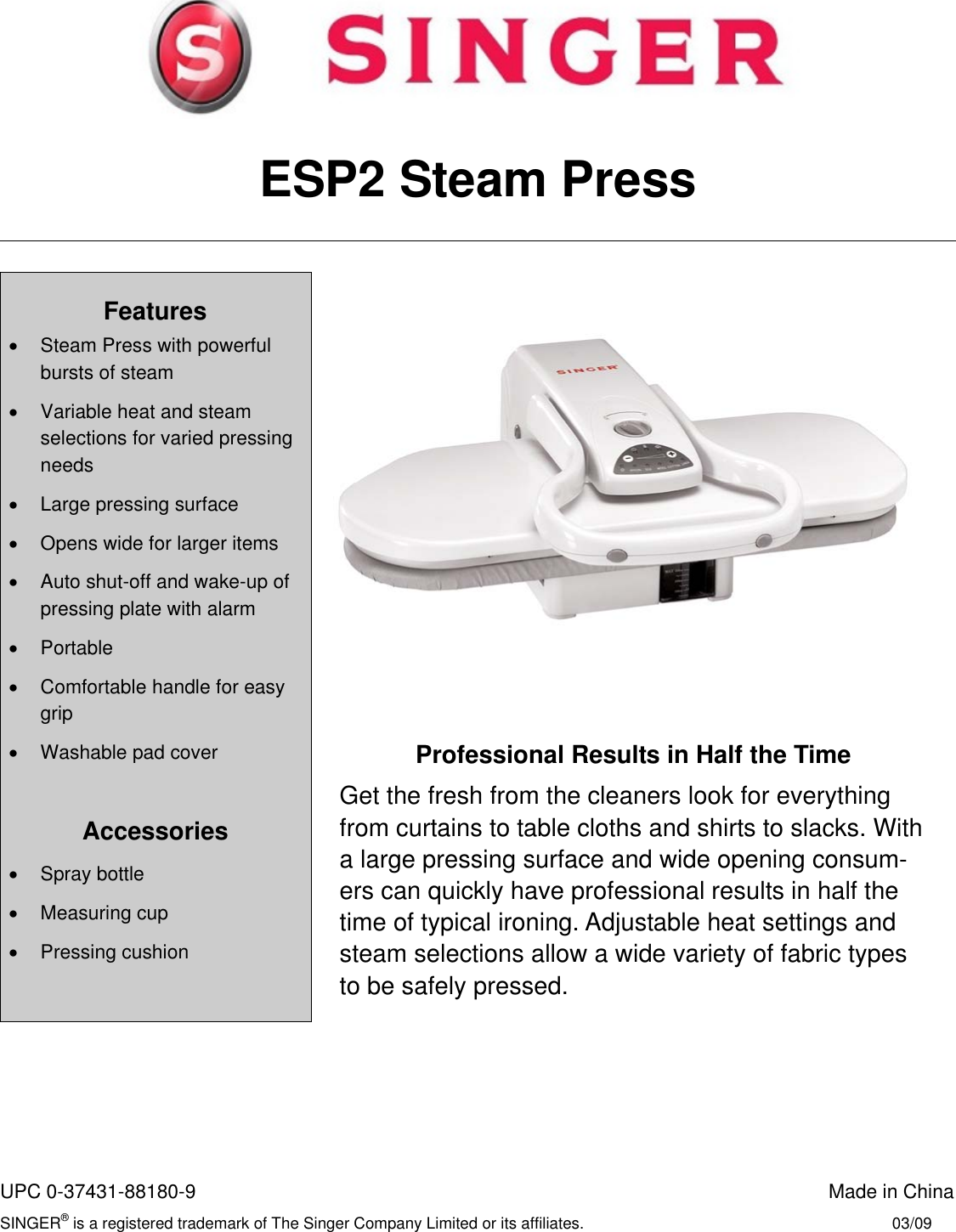 Page 1 of 1 - Singer Singer-Esp2-Magic-Steam-Press-Product-Sheet- ESP2 Product Summary Sheet  Singer-esp2-magic-steam-press-product-sheet