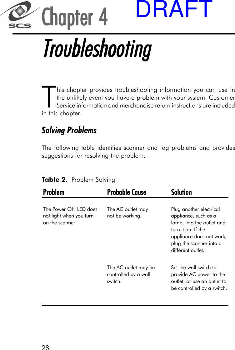28This chapter provides troubleshooting information you can use inthe unlikely event you have a problem with your system. CustomerService information and merchandise return instructions are includedin this chapter.Solving ProblemsThe following table identifies scanner and tag problems and providessuggestions for resolving the problem.Chapter 4Chapter 4Chapter 4Chapter 4Chapter 4TTTTTroubleshootingroubleshootingroubleshootingroubleshootingroubleshootingProblemProblemProblemProblem Probable CauseProbable CauseProbable CauseProbable Cause SolutionSolutionSolutionSolutionThe Power ON LED does not light when you turn on the scannerThe AC outlet may       not be working.Plug another electrical appliance, such as a lamp, into the outlet and turn it on. If the appliance does not work, plug the scanner into a different outlet.The AC outlet may be controlled by a wall switch.Set the wall switch to provide AC power to the outlet, or use an outlet to be controlled by a switch. Table 2. . . . .  Problem SolvingDRAFT