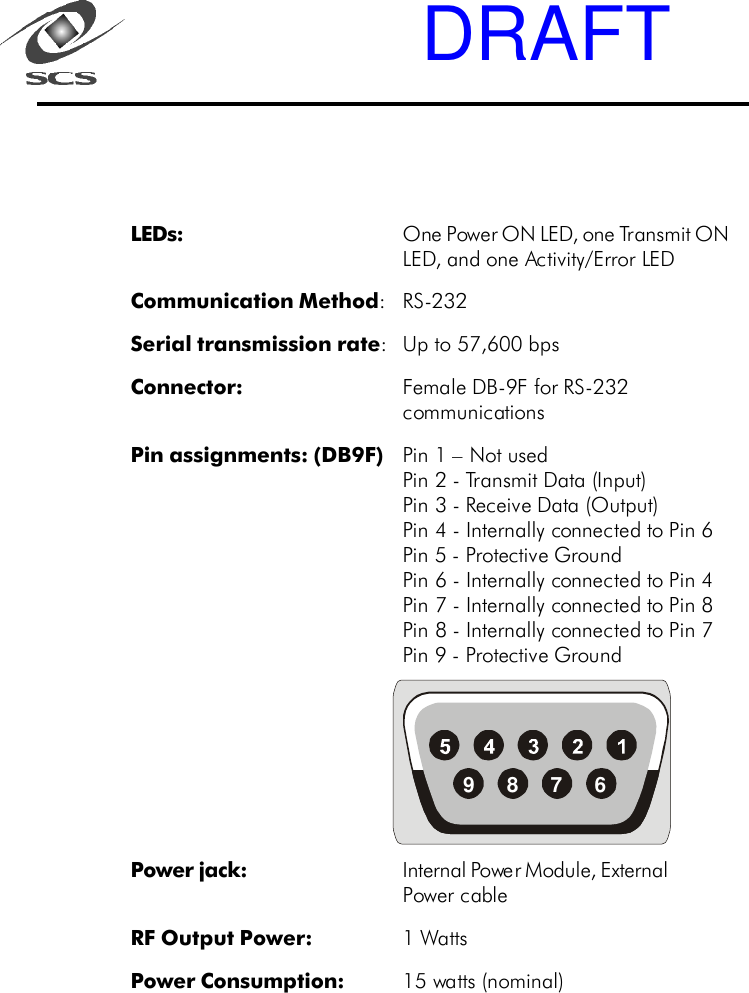 LEDs: One Power ON LED, one Transmit ONLED, and one Activity/Error LEDCommunication Method:RS-232Serial transmission rate:Up to 57,600 bpsConnector: Female DB-9F for RS-232communicationsPin assignments: (DB9F) Pin 1 &ndash; Not usedPin 2 - Transmit Data (Input)Pin 3 - Receive Data (Output)Pin 4 - Internally connected to Pin 6Pin 5 - Protective GroundPin 6 - Internally connected to Pin 4Pin 7 - Internally connected to Pin 8Pin 8 - Internally connected to Pin 7Pin 9 - Protective GroundPower jack: Internal Power Module, ExternalPower cableRF Output Power: 1 WattsPower Consumption: 15 watts (nominal)9876DRAFT