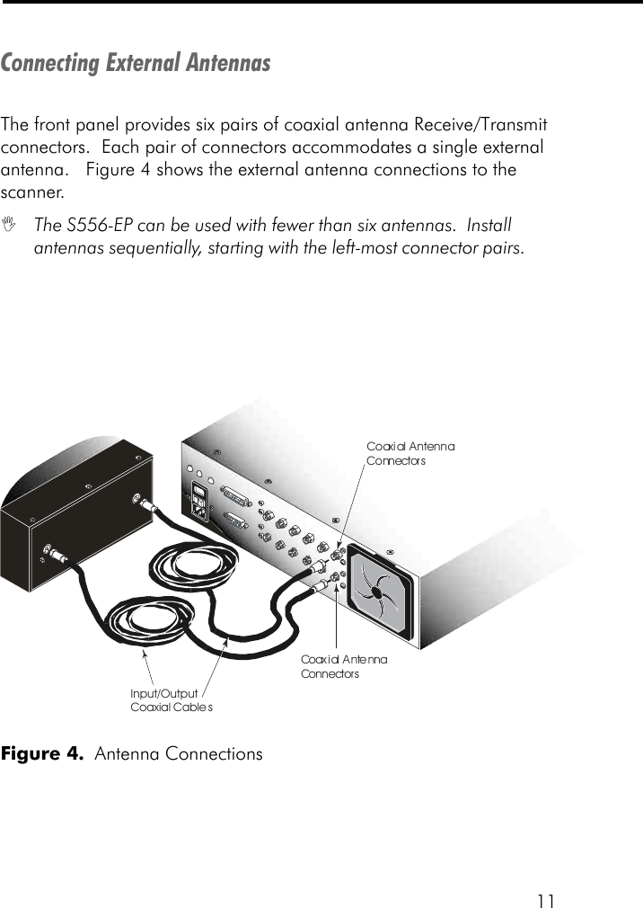 11Connecting External AntennasThe front panel provides six pairs of coaxial antenna Receive/Transmitconnectors.  Each pair of connectors accommodates a single externalantenna.   Figure 4 shows the external antenna connections to thescanner.IThe S556-EP can be used with fewer than six antennas.  Installantennas sequentially, starting with the left-most connector pairs.Figure 4.  Antenna ConnectionsCoaxial AntennaConnectorsCoaxial AntennaConnectorsInput/OutputCoaxial Cables