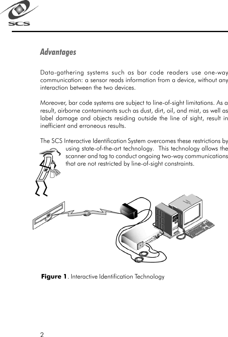 2AdvantagesData-gathering systems such as bar code readers use one-waycommunication: a sensor reads information from a device, without anyinteraction between the two devices.Moreover, bar code systems are subject to line-of-sight limitations. As aresult, airborne contaminants such as dust, dirt, oil, and mist, as well aslabel damage and objects residing outside the line of sight, result ininefficient and erroneous results.The SCS Interactive Identification System overcomes these restrictions byusing state-of-the-art technology.  This technology allows thescanner and tag to conduct ongoing two-way communicationsthat are not restricted by line-of-sight constraints.Figure 1. Interactive Identification Technology