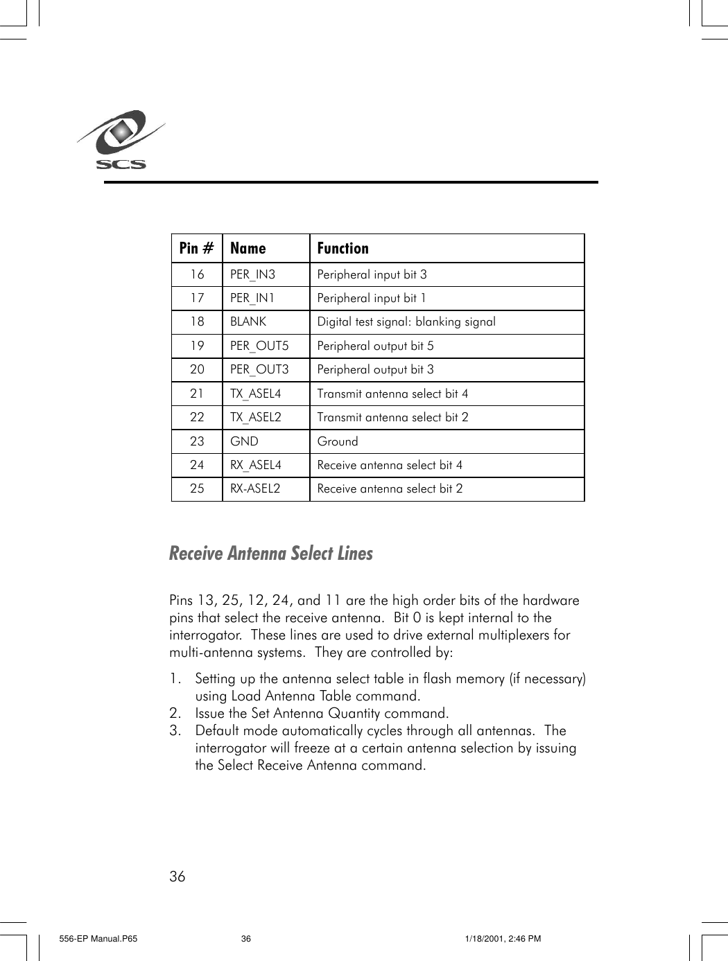 36Pin # Name Function 16 PER_IN3 Peripheral input bit 3 17 PER_IN1 Peripheral input bit 1 18 BLANK Digital test signal: blanking signal 19 PER_OUT5 Peripheral output bit 5 20 PER_OUT3 Peripheral output bit 3 21 TX_ASEL4 Transmit antenna select bit 4 22 TX_ASEL2 Transmit antenna select bit 2 23 GND Ground 24 RX_ASEL4 Receive antenna select bit 4 25 RX-ASEL2 Receive antenna select bit 2  Receive Antenna Select LinesPins 13, 25, 12, 24, and 11 are the high order bits of the hardwarepins that select the receive antenna.  Bit 0 is kept internal to theinterrogator.  These lines are used to drive external multiplexers formulti-antenna systems.  They are controlled by:1. Setting up the antenna select table in flash memory (if necessary)using Load Antenna Table command.2. Issue the Set Antenna Quantity command.3. Default mode automatically cycles through all antennas.  Theinterrogator will freeze at a certain antenna selection by issuingthe Select Receive Antenna command.556-EP Manual.P65 1/18/2001, 2:46 PM36
