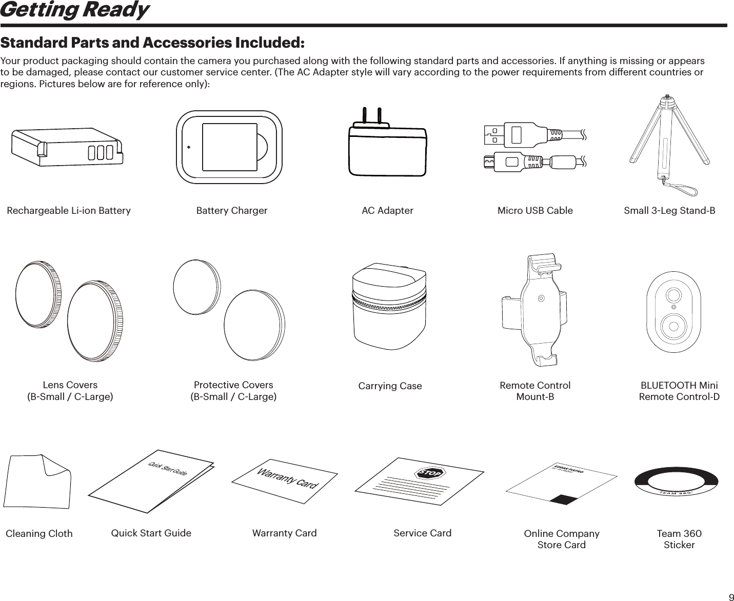 9Getting ReadyStandard Parts and Accessories Included:Your product packaging should contain the camera you purchased along with the following standard parts and accessories. If anything is missing or appears to be damaged, please contact our customer service center. (The AC Adapter style will vary according to the power requirements from dierent countries or regions. Pictures below are for reference only):Warranty CardQuick Start GuideQuick Start GuideSTOPService CardLens Covers  (BSmall CLarge)Protective Covers (BSmallCLarge)Rechargeable Li-ion Battery Micro USB CableBattery Charger AC AdapterCarrying CaseCleaning ClothSmall 3Leg Stand-BRemote Control Mount-BOnline Company Store CardTeam 360 StickerBLUETOOTH Mini Remote Control-D
