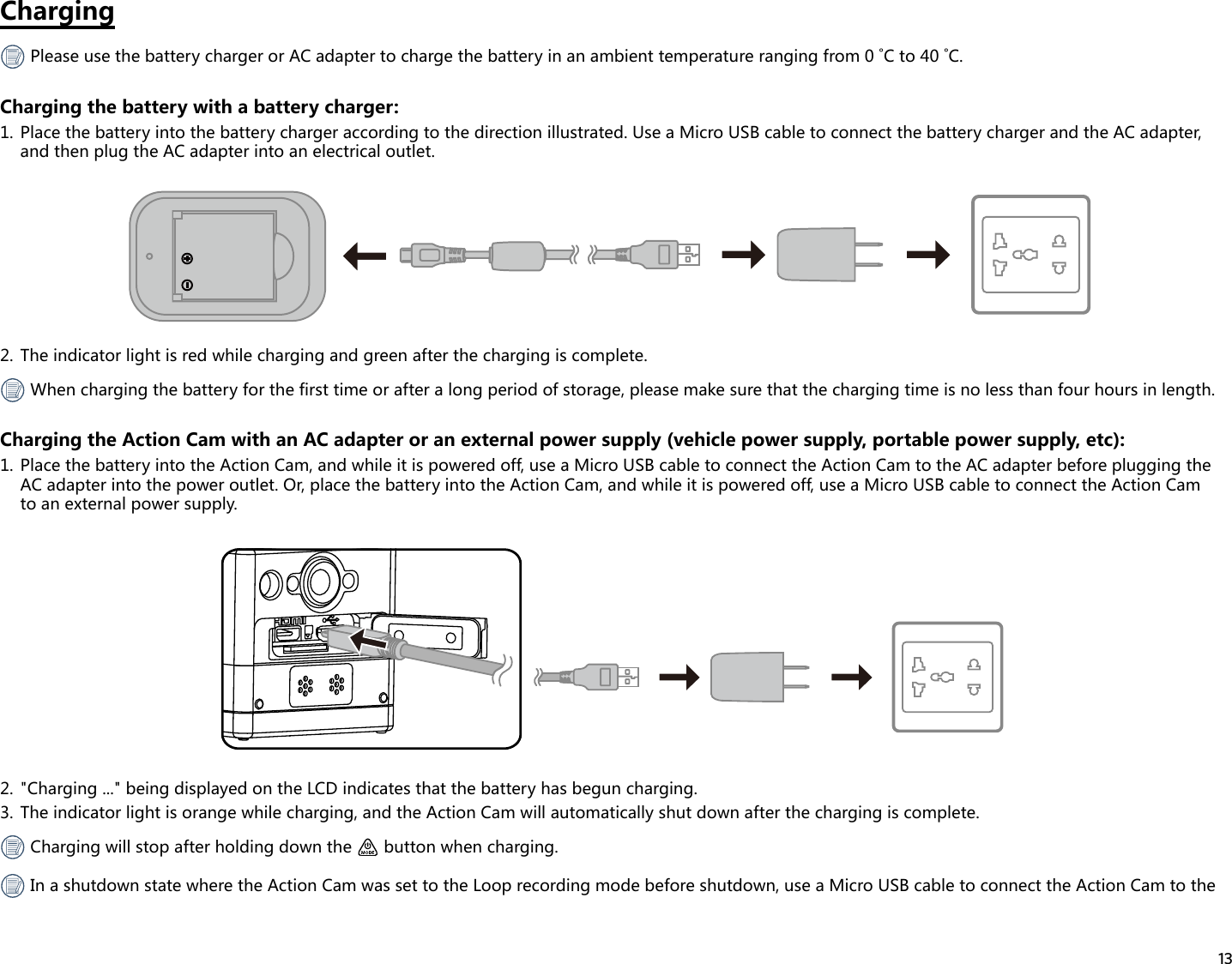 13ChargingPleaseusethebatterychargerorACadaptertochargethebatteryinanambienttemperaturerangingfrom0˚Cto40˚C.Charging the battery with a battery charger:1.  Place the battery into the battery charger according to the direction illustrated. Use a Micro USB cable to connect the battery charger and the AC adapter, and then plug the AC adapter into an electrical outlet.2.  The indicator light is red while charging and green after the charging is complete. When charging the battery for the first time or after a long period of storage, please make sure that the charging time is no less than four hours in length.Charging the Action Cam with an AC adapter or an external power supply (vehicle power supply, portable power supply, etc):1.  Place the battery into the Action Cam, and while it is powered off, use a Micro USB cable to connect the Action Cam to the AC adapter before plugging the AC adapter into the power outlet. Or, place the battery into the Action Cam, and while it is powered off, use a Micro USB cable to connect the Action Cam to an external power supply.2.  &quot;Charging ...&quot; being displayed on the LCD indicates that the battery has begun charging.3.  The indicator light is orange while charging, and the Action Cam will automatically shut down after the charging is complete. Charging will stop after holding down the   button when charging. In a shutdown state where the Action Cam was set to the Loop recording mode before shutdown, use a Micro USB cable to connect the Action Cam to the 
